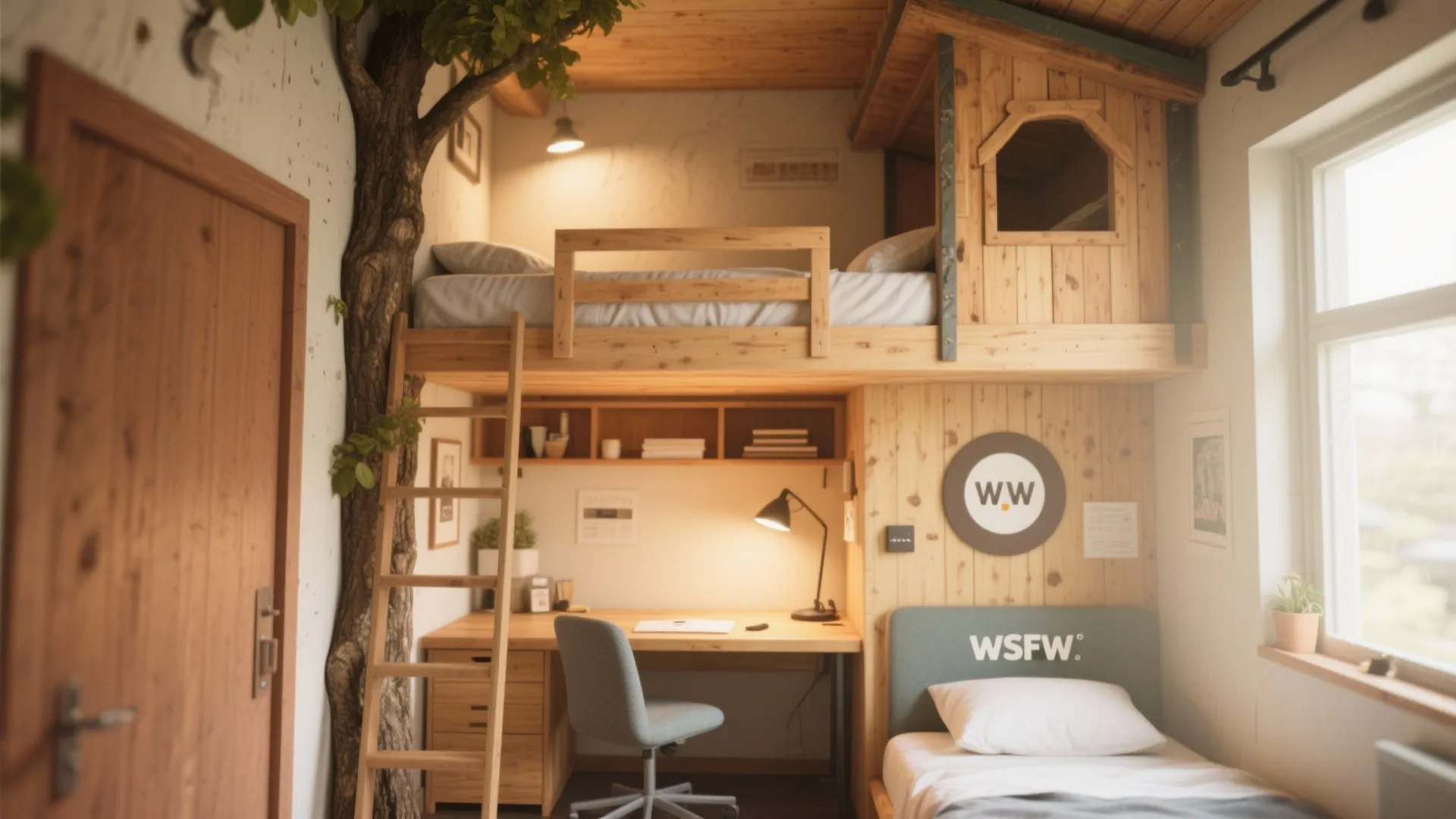 Cozy wooden loft bed with ladder above a small study desk and chair for kids