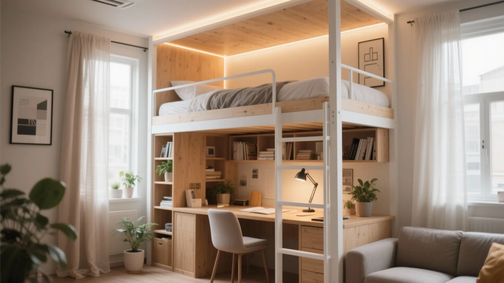 Modern wooden loft bed featuring study desk area with chair bookshelves green plants and light