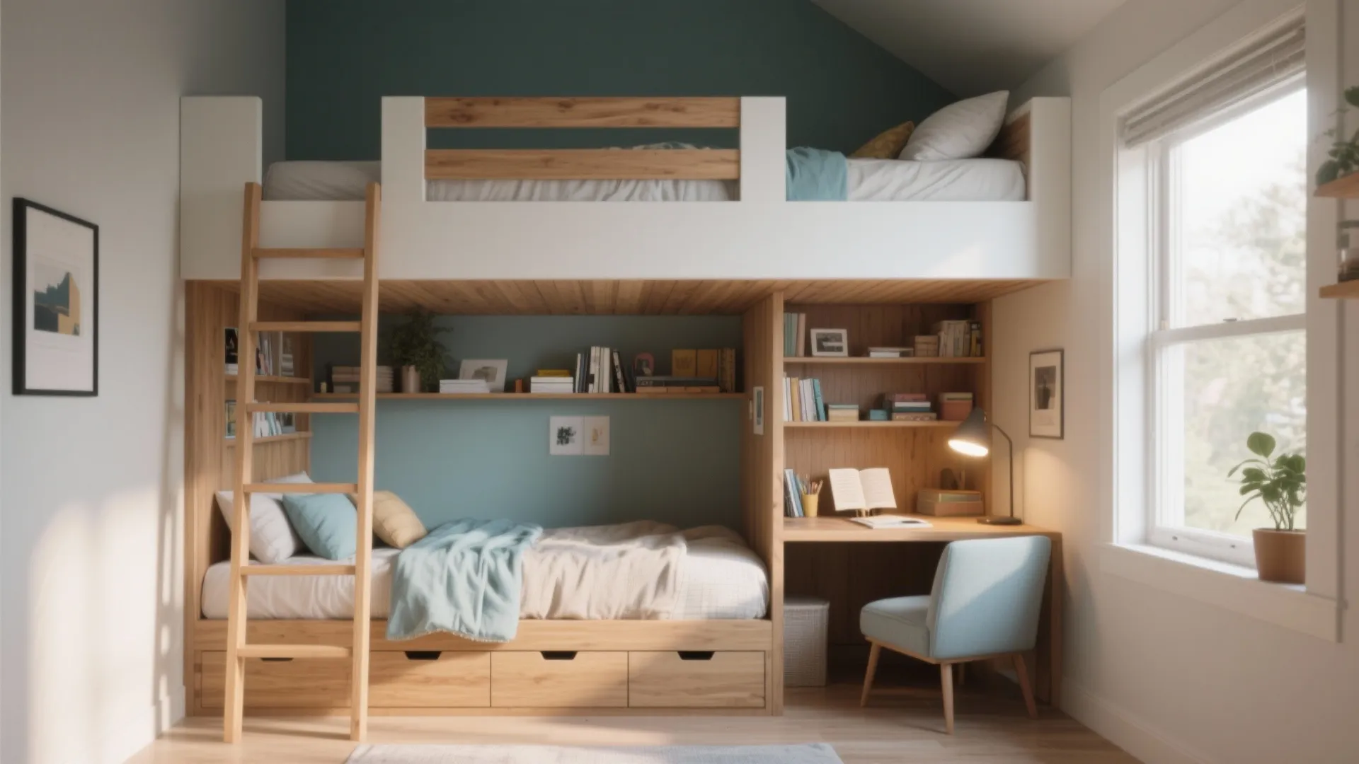 Wooden loft bed with a desk blue chair bookshelves wooden ladder and a sunny side window