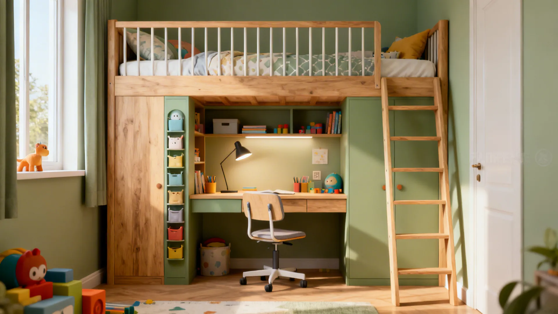 Loft bed with study nook underneath, ladder and guardrail, compact efficient layout with daylight.