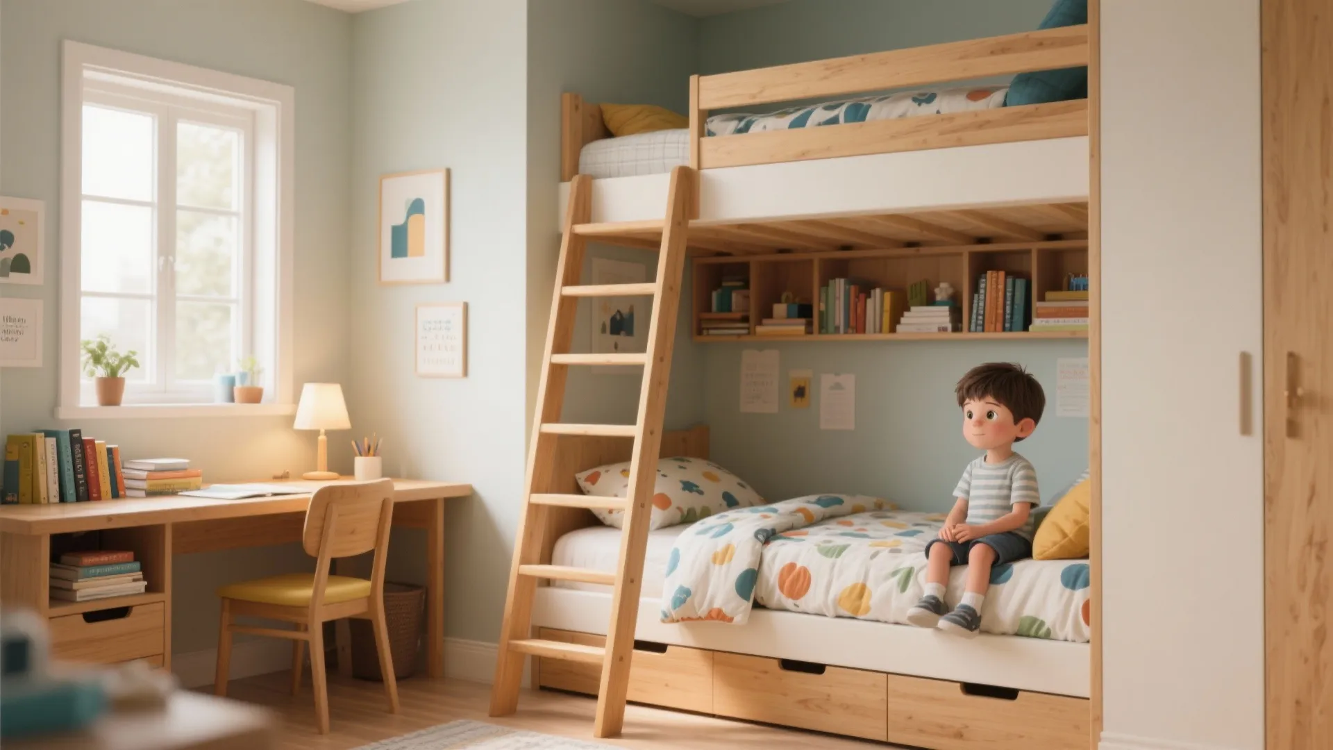 Wooden bunk bed with ladder next to a small study desk and chair in bedroom