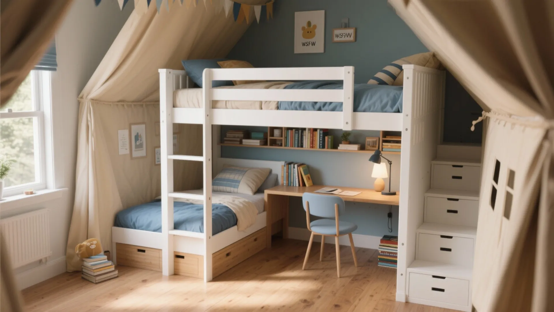 Loft bed with study nook underneath in a small boys’ bedroom