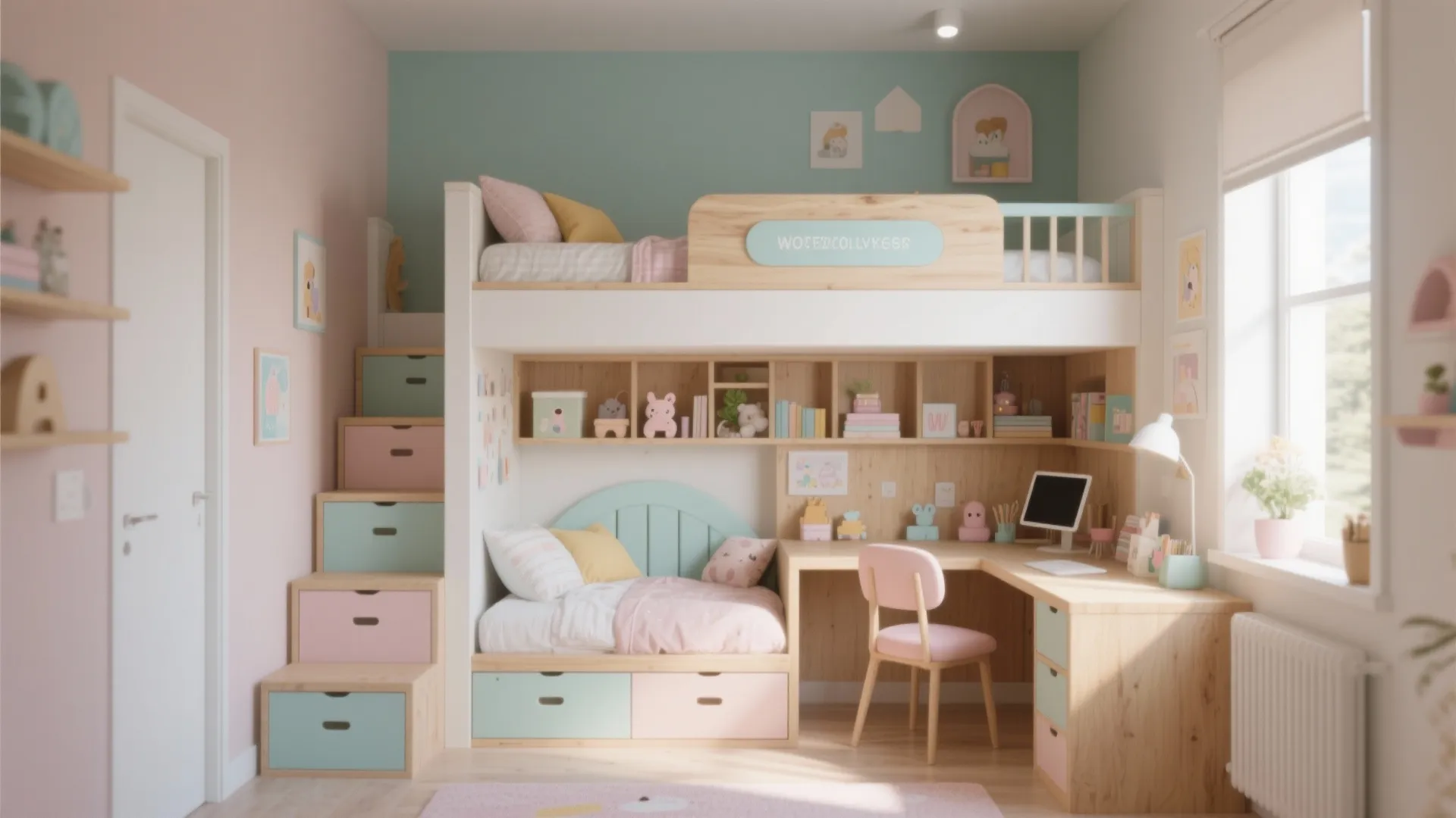 Compact children's room with loft bed and desk underneath for space saving