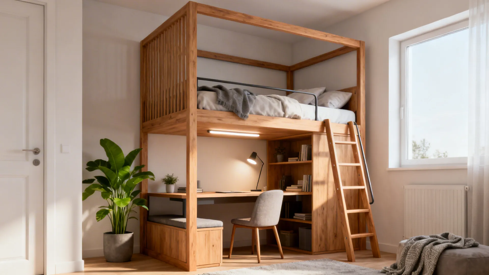Staggered loft bed with desk and seating underneath maximizing vertical space in a small room.