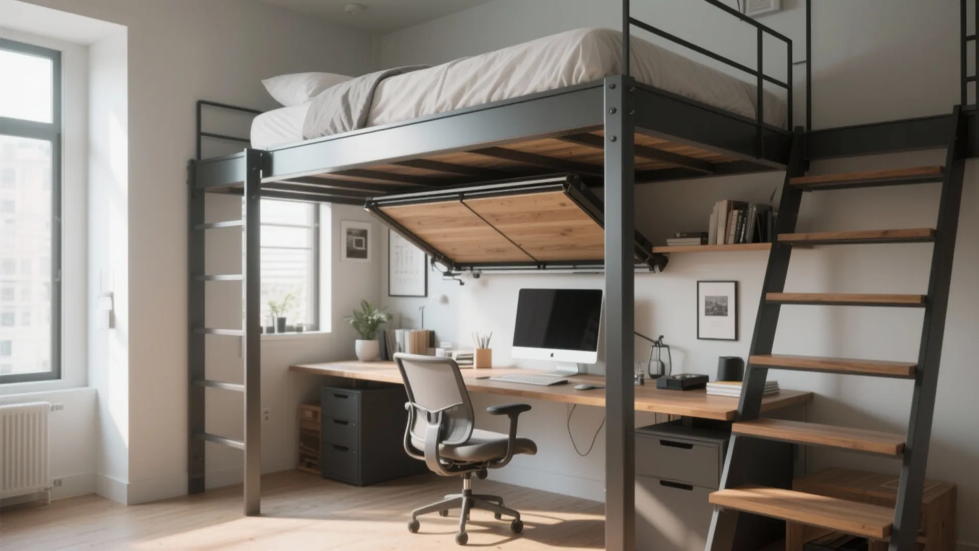 3. Lofted Foldable Bed Over a Workspace
