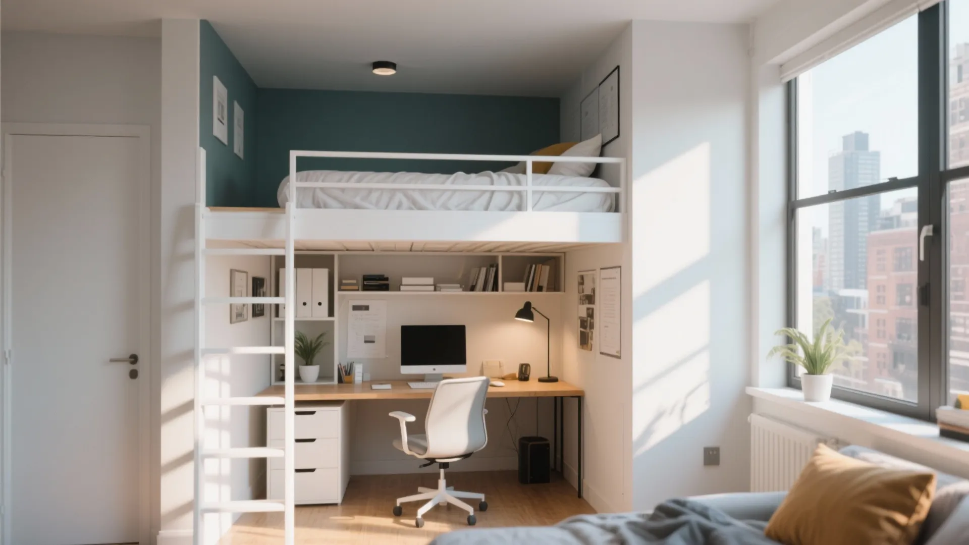 White loft bed with a desk and computer chair underneath in a bright small room