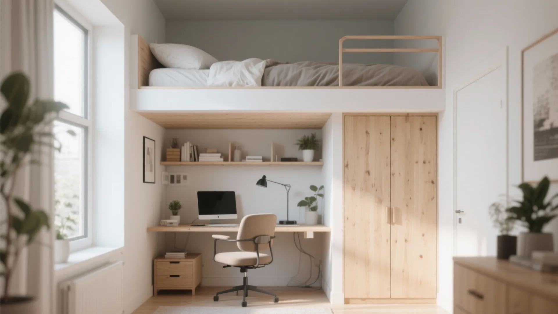 Loft bed with desk and wardrobe underneath in a small bedroom