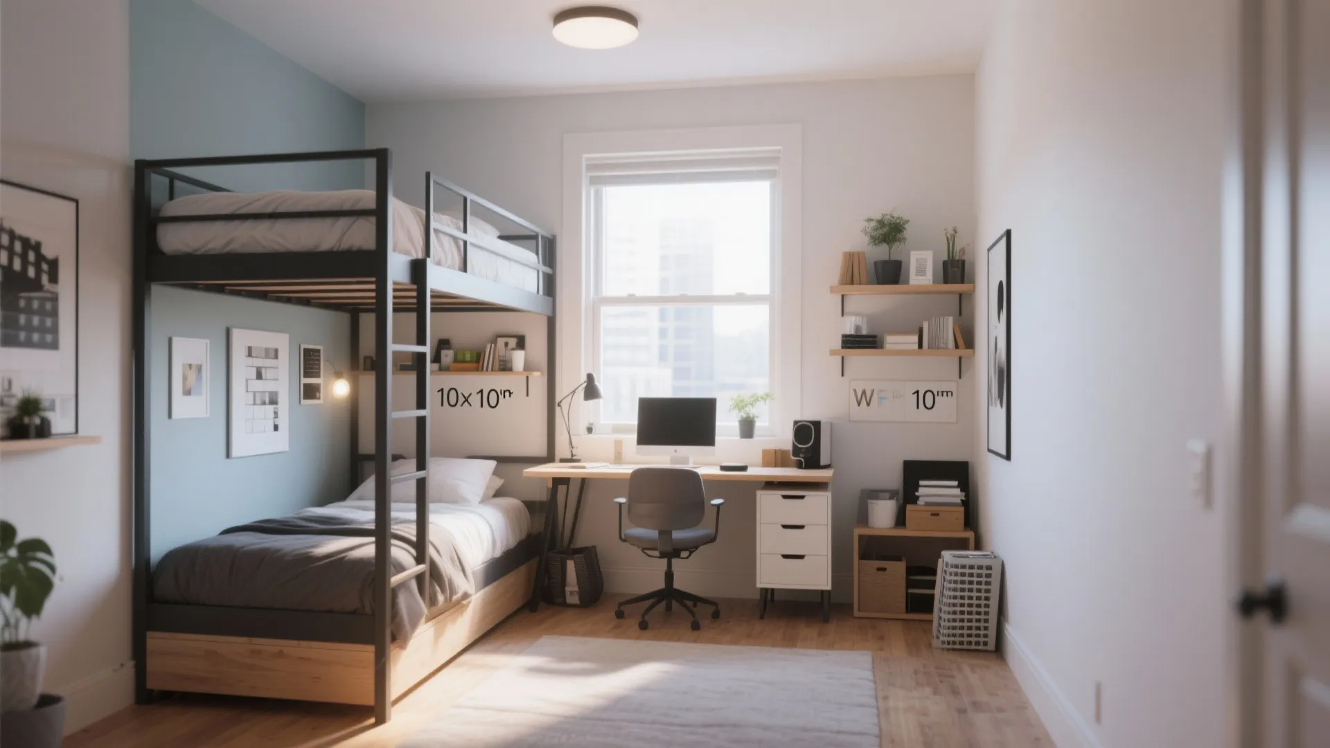 Black metal bunk bed in a small bedroom with a desk and computer setup underneath