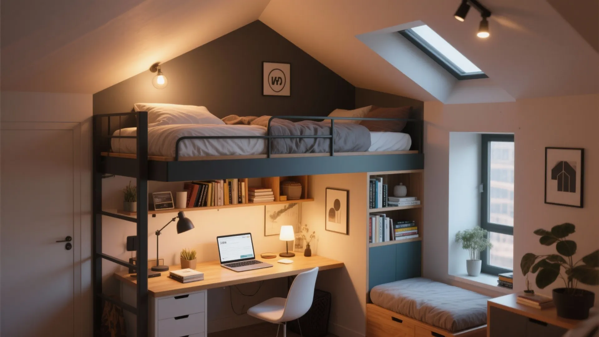 Small bedroom with loft bed and working area underneath