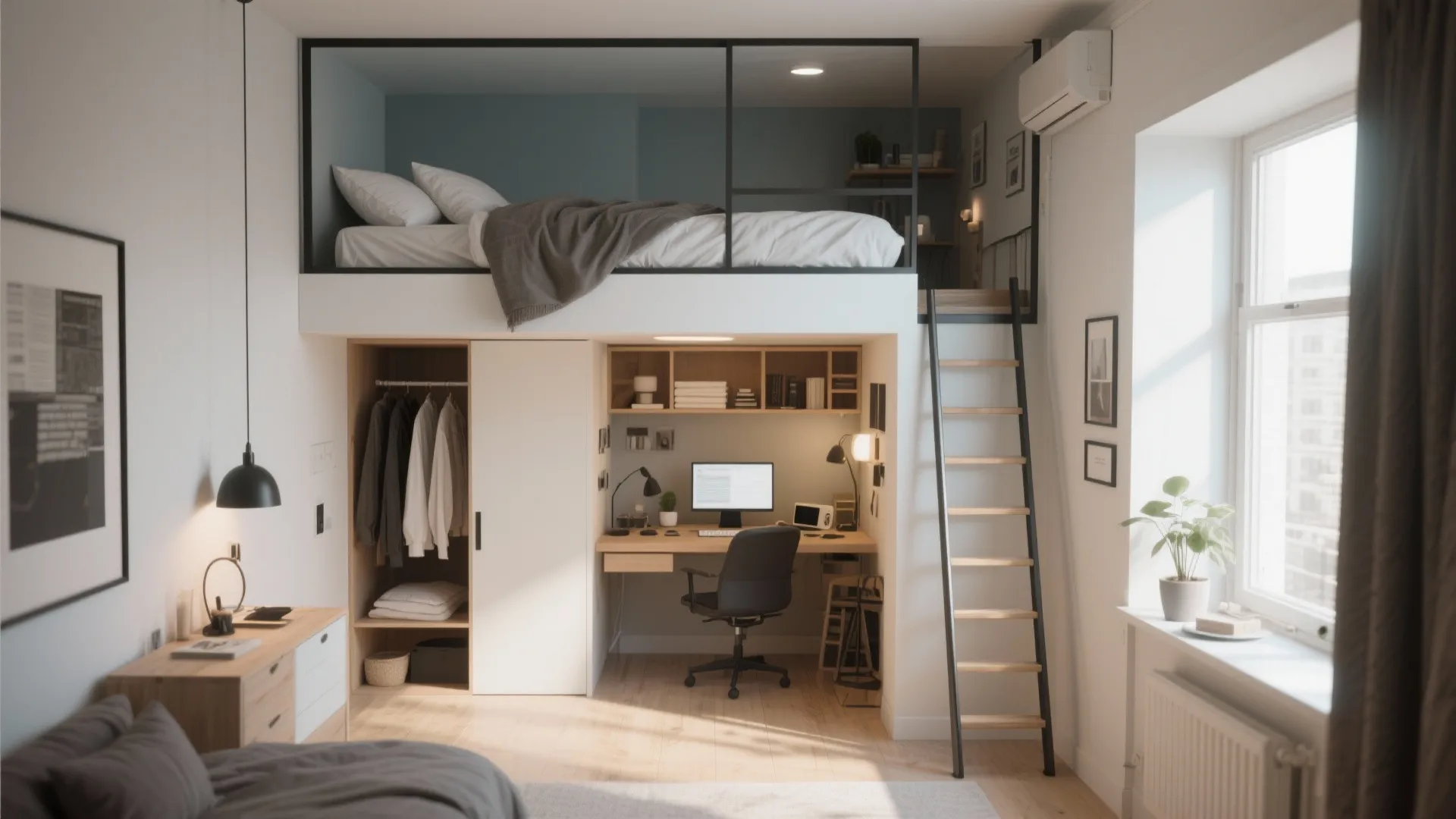 Loft bed with workspace and closet underneath in a small home