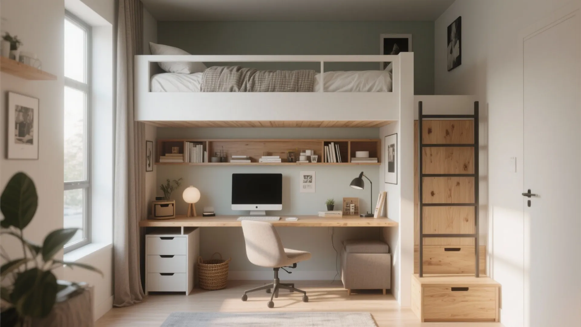 Loft bed with a desk workspace underneath