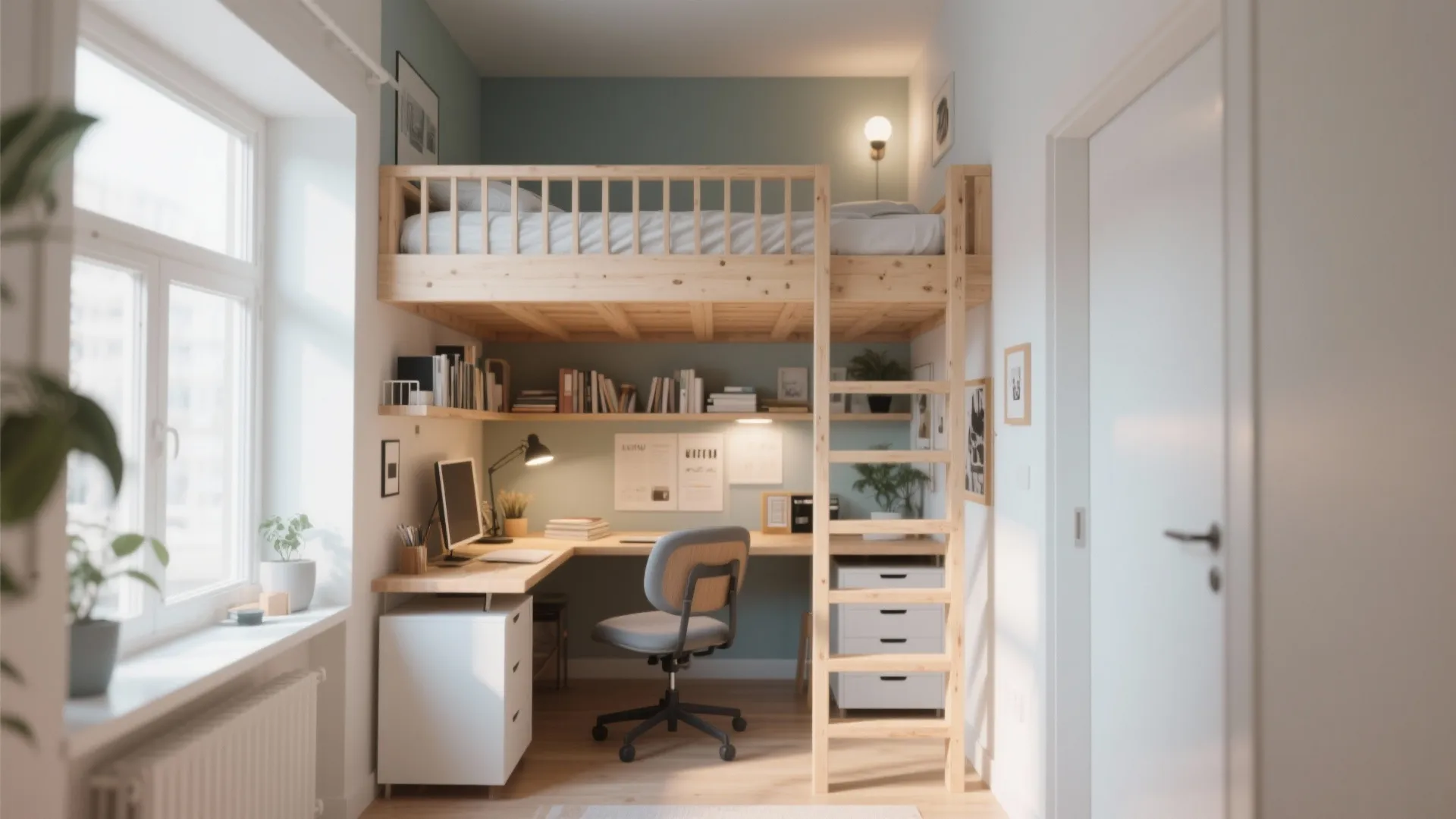 Modern wooden loft bed over a home office desk with computer chair and wall shelves