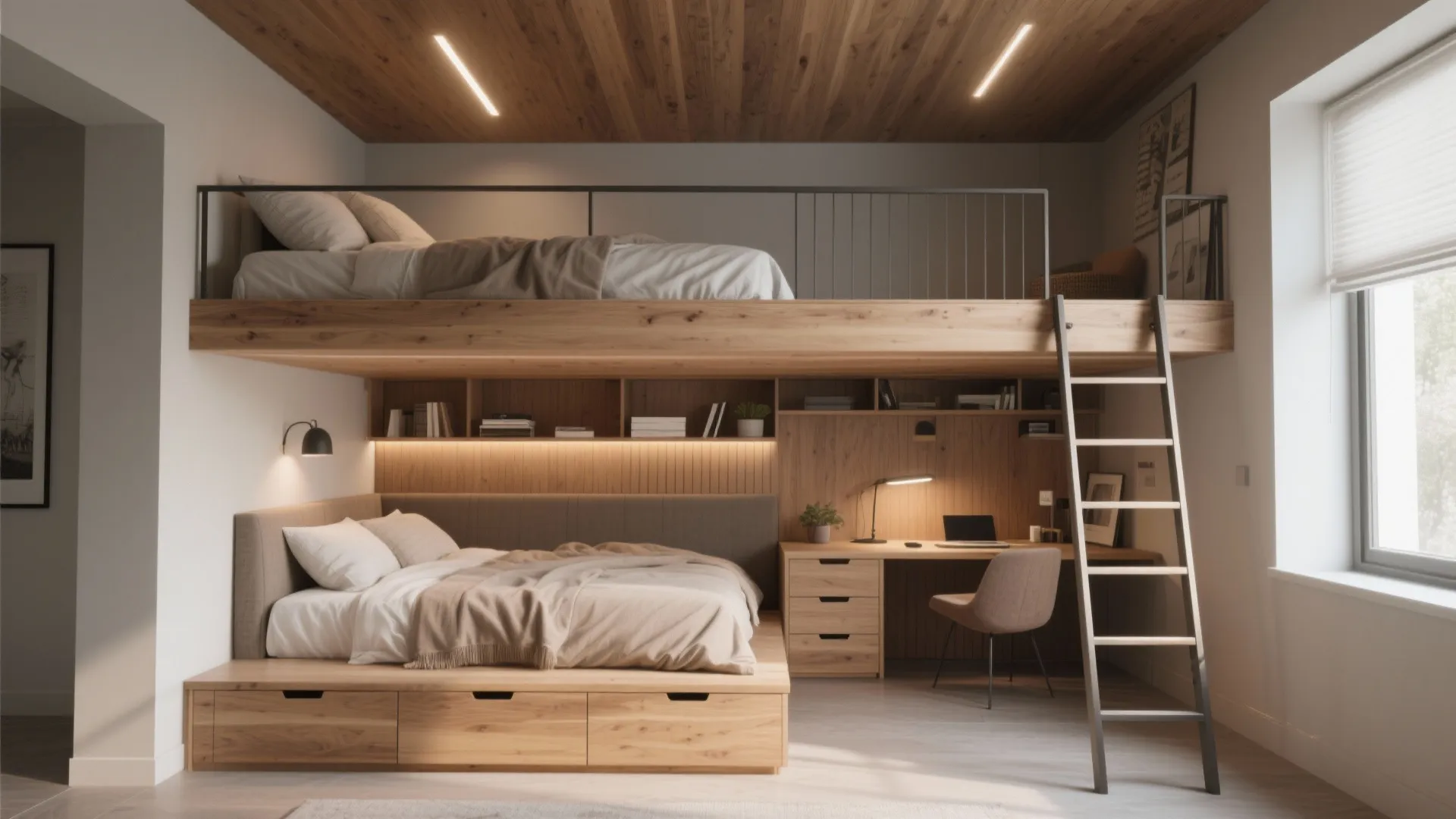 2. Lofted bed with workspace below