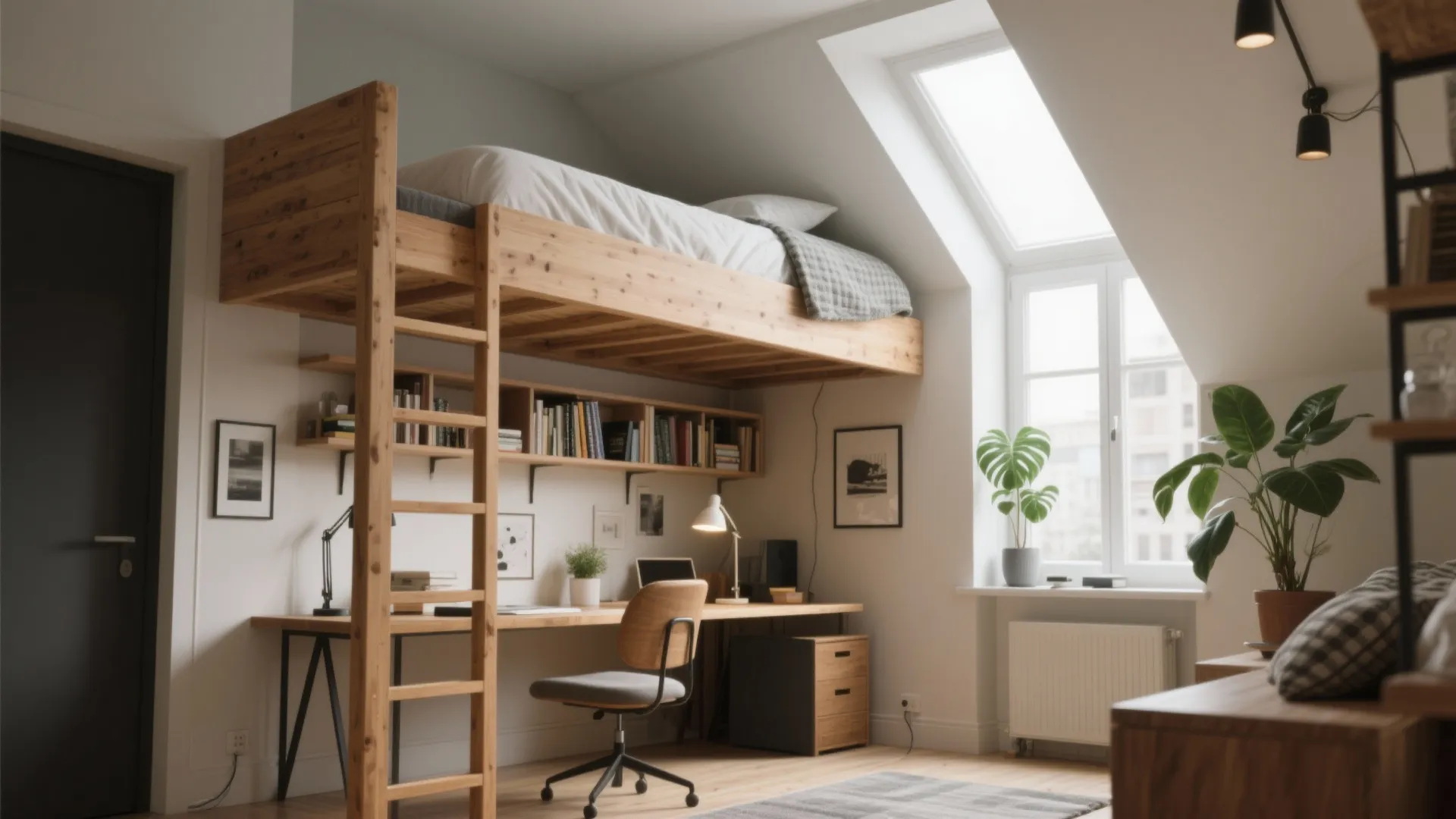 Loft bed with an organized workspace underneath, natural light, ladder access, and neutral wood finishes.