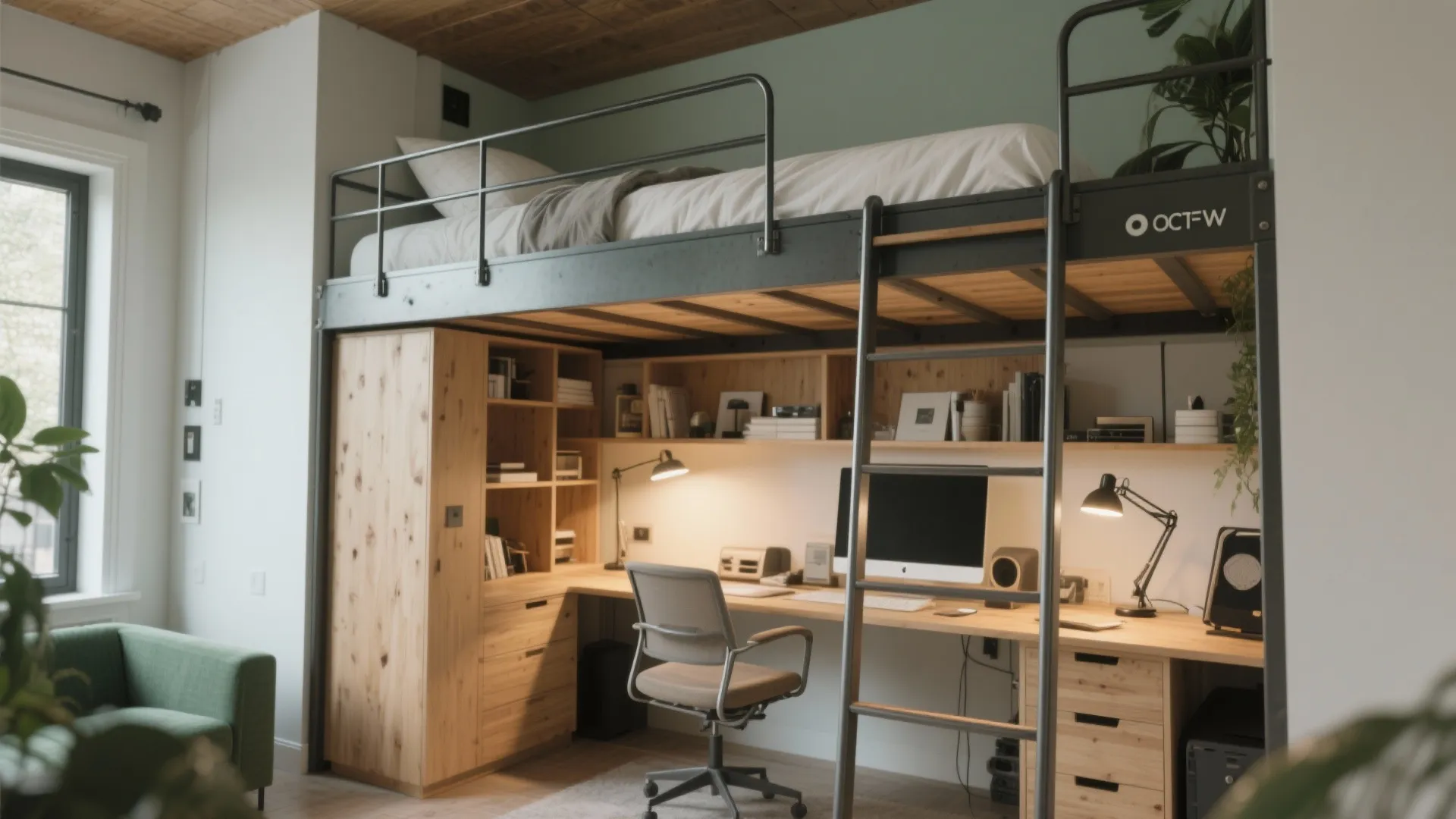 Lofted bed with a dedicated workspace underneath, showing ladder, desk, shelving and warm materials.