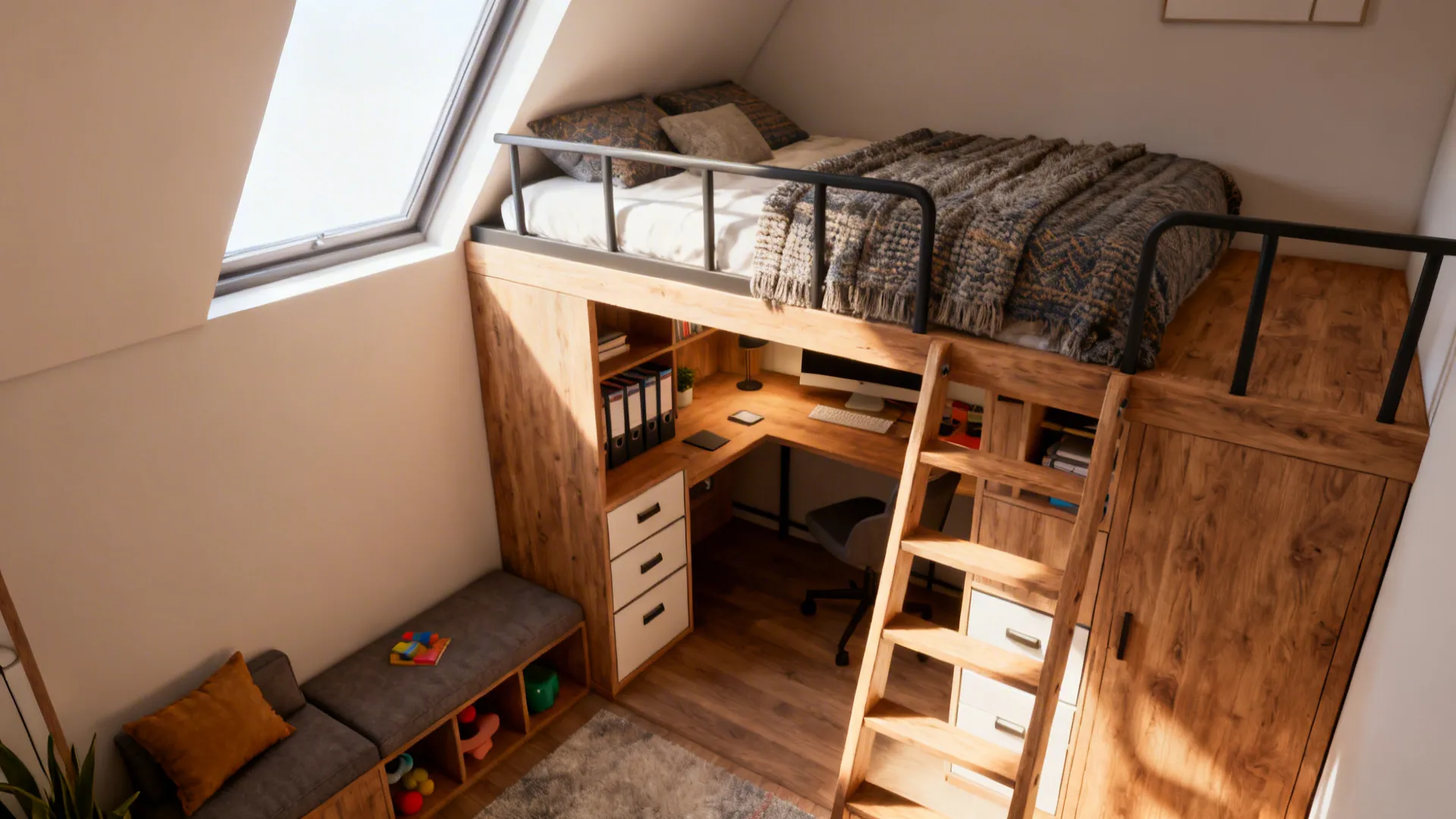 Wooden loft bed with integrated desk underneath featuring ladder and small grey sofa in room