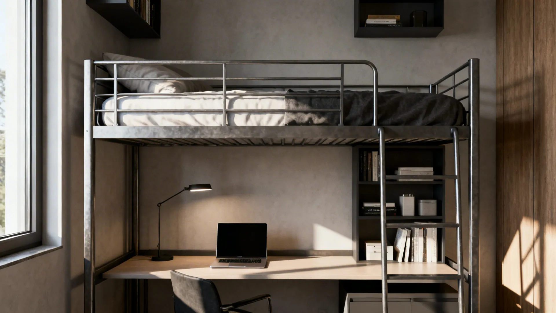 Lofted bed with a compact workspace and shelving underneath in a small bedroom.