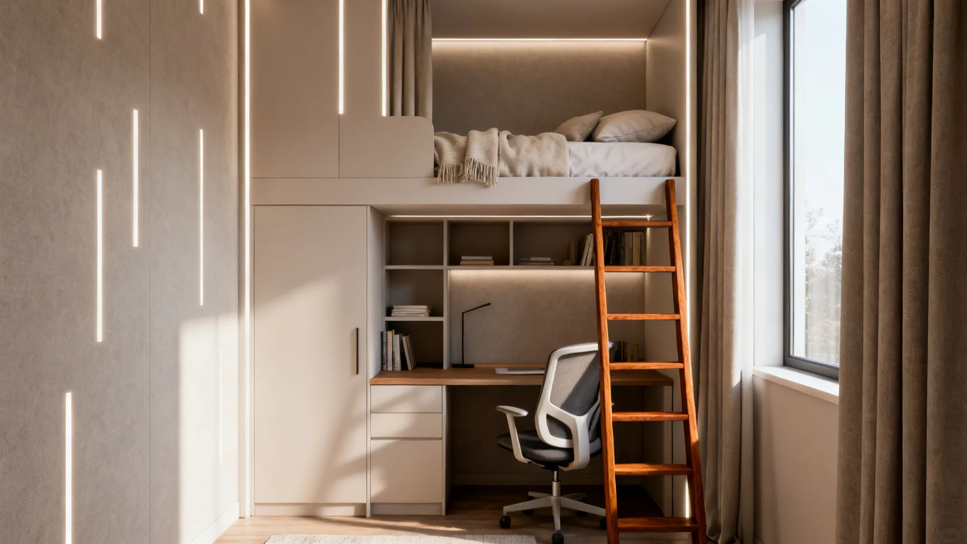 3. Lofted small double bed with workspace underneath