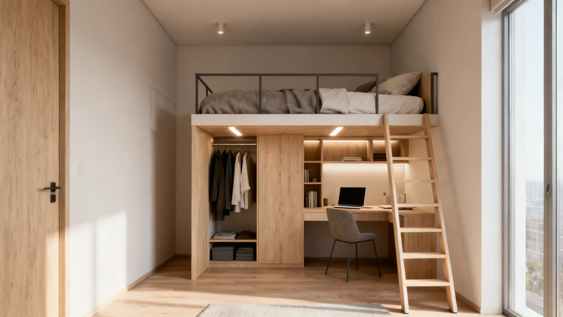Loft bed with a compact workspace and wardrobe underneath in a small apartment