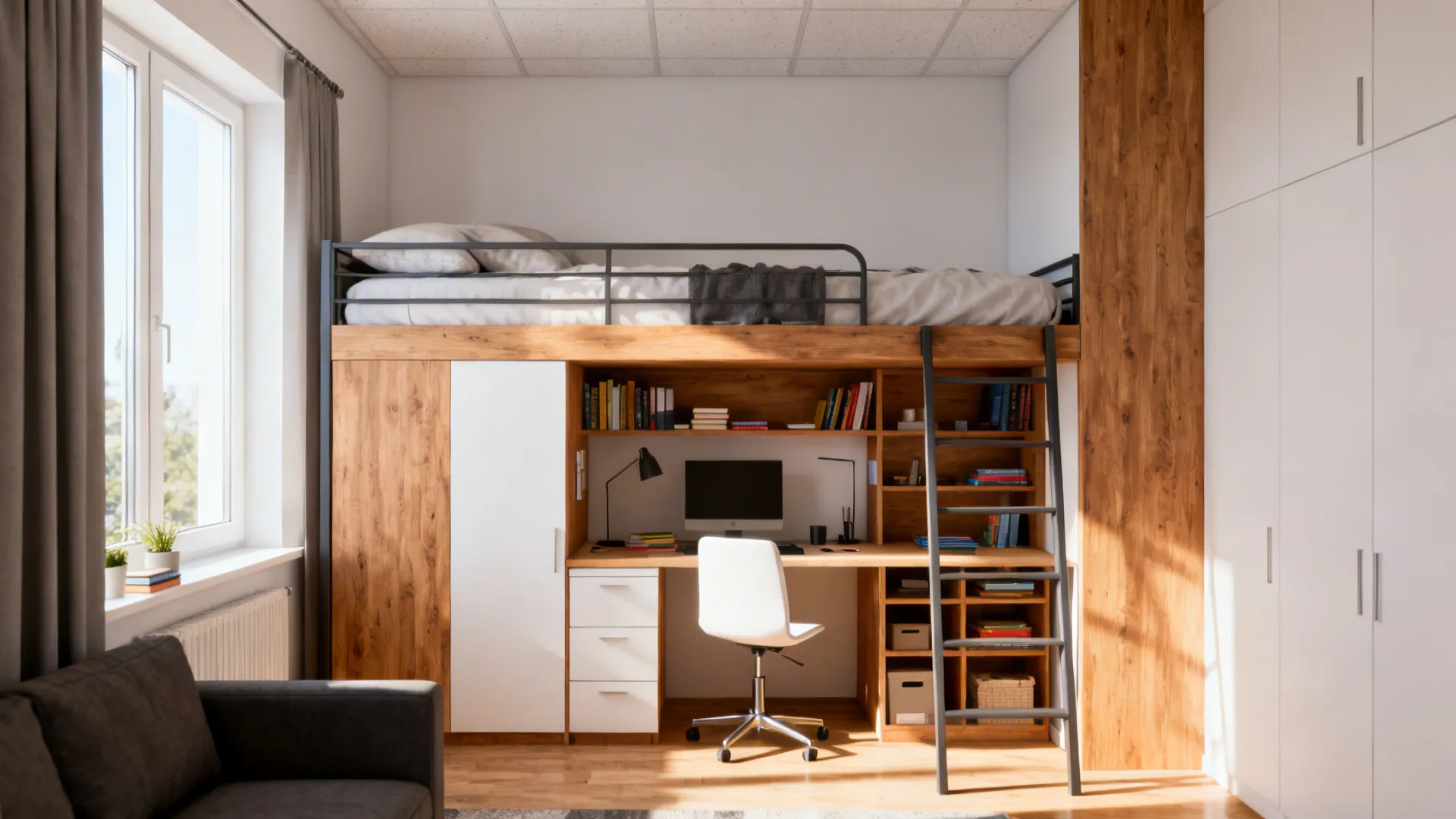 5. Lofted bed with under-bed workspace