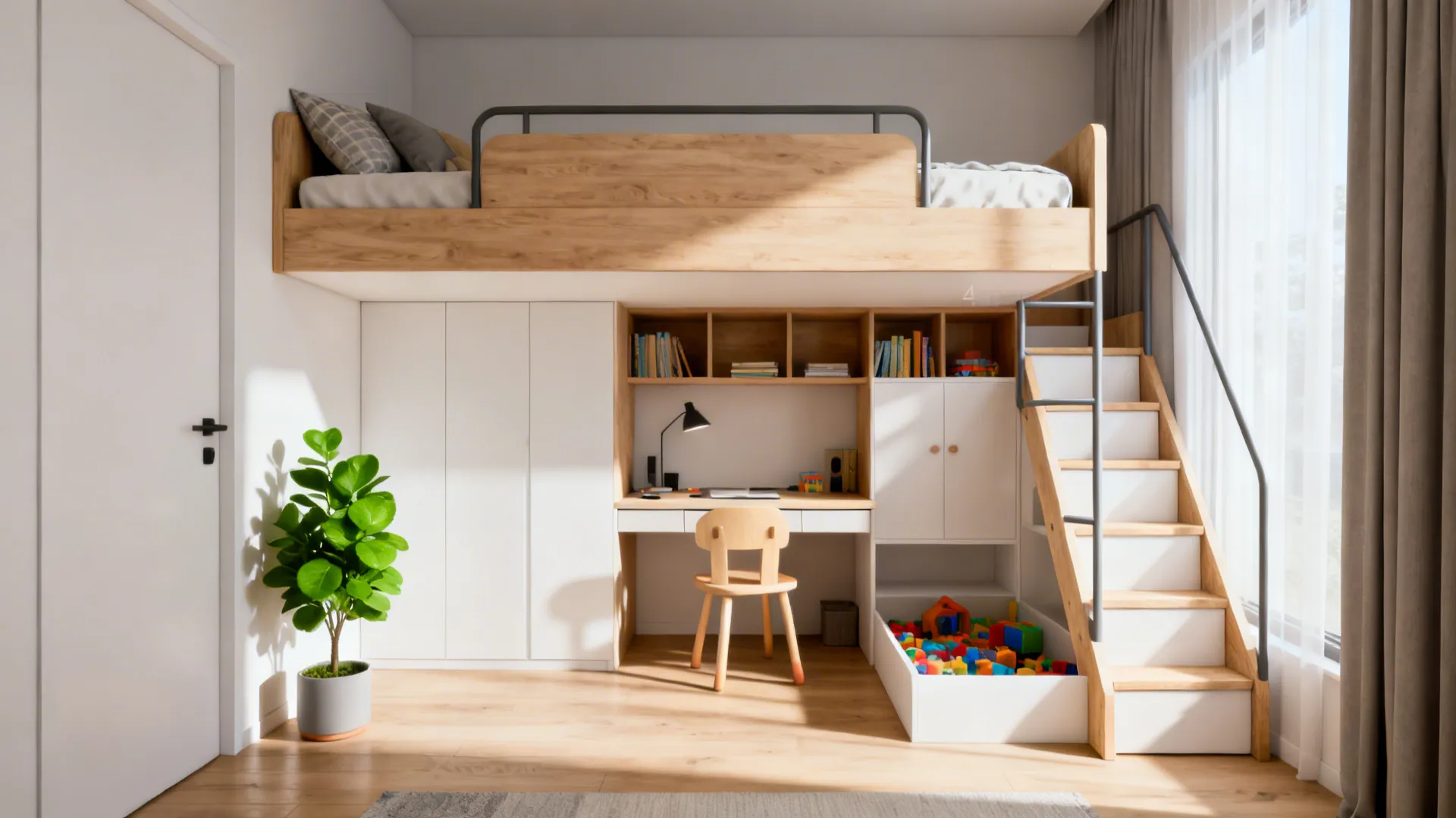 Wooden loft bed with a desk underneath featuring a chair shelves and colorful toys inside
