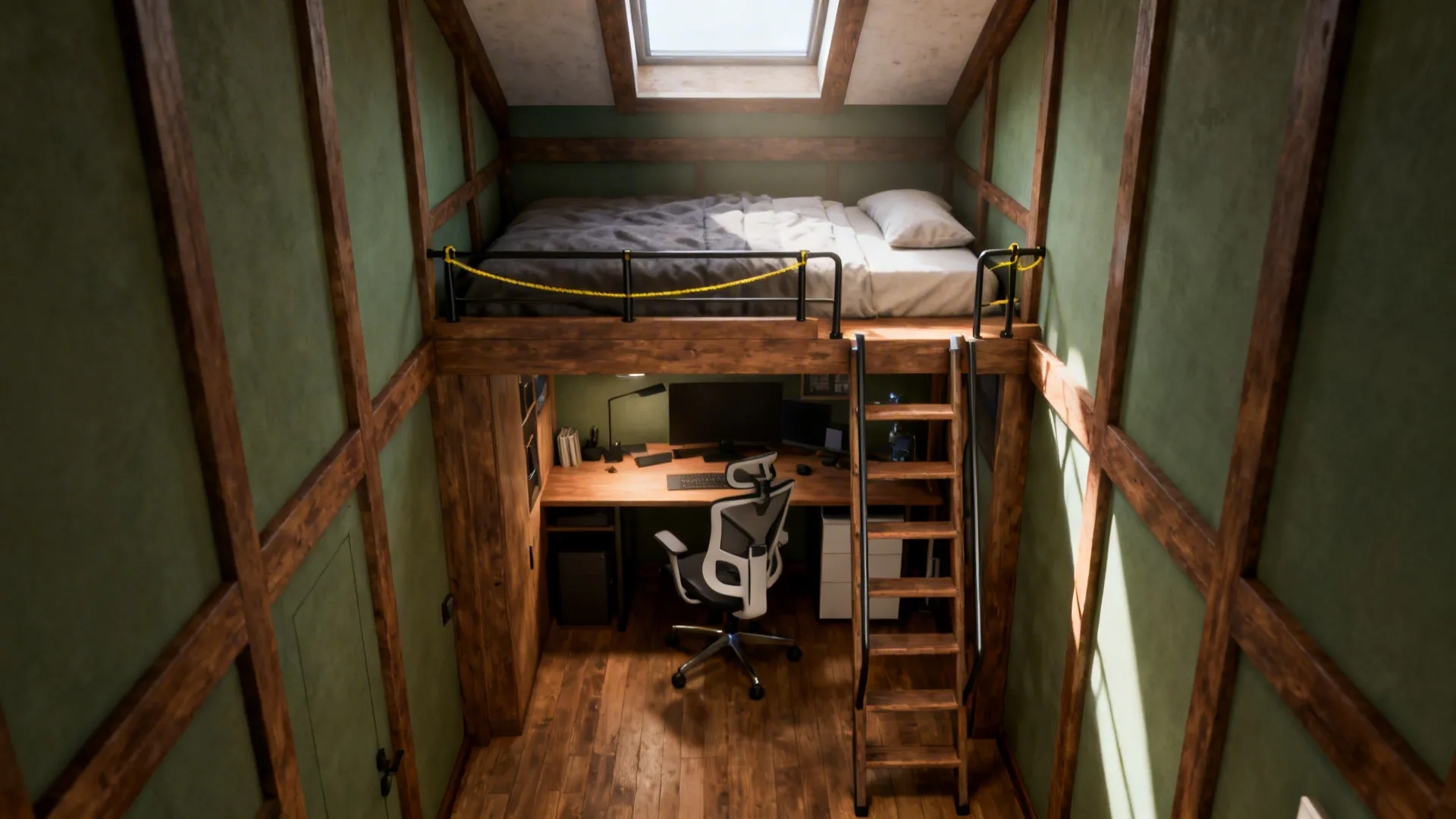 Lofted double bed with a functional workspace beneath, ladder and safety railings visible.