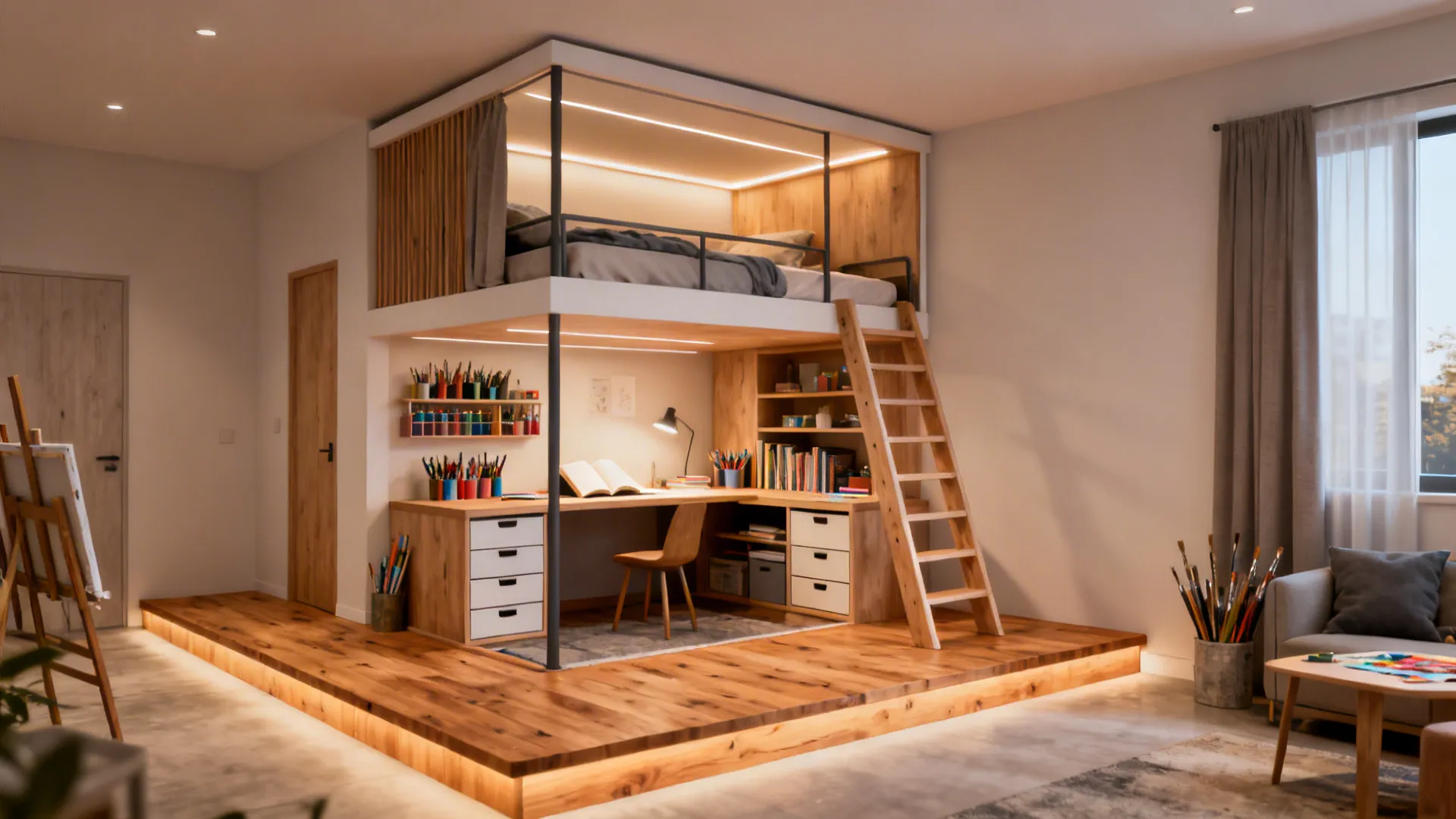 Loft bed with a raised platform and a full workspace beneath, including desk, storage, and ladder.