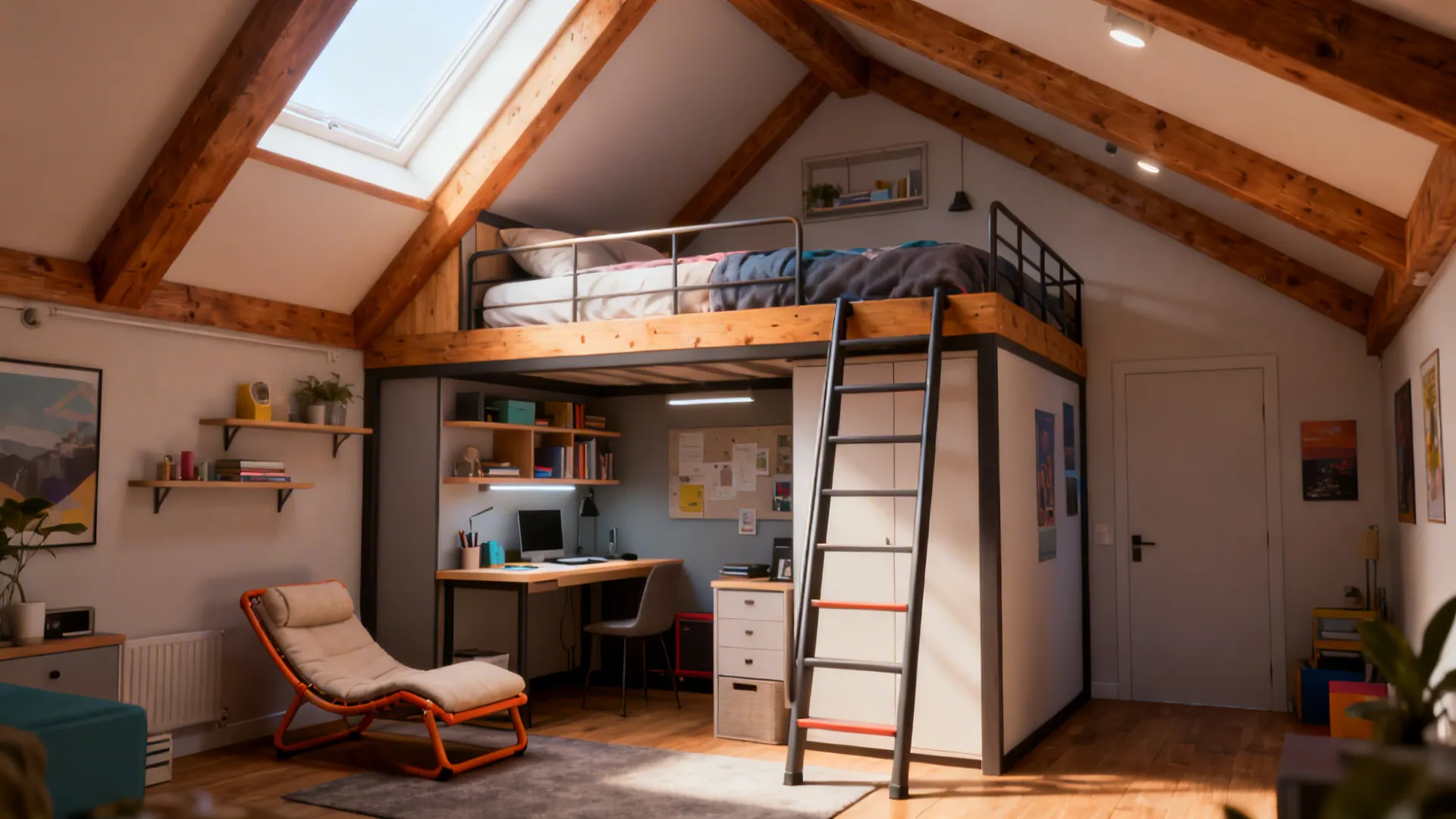 Loft bed with a functional workspace and shelving underneath in a compact room.
