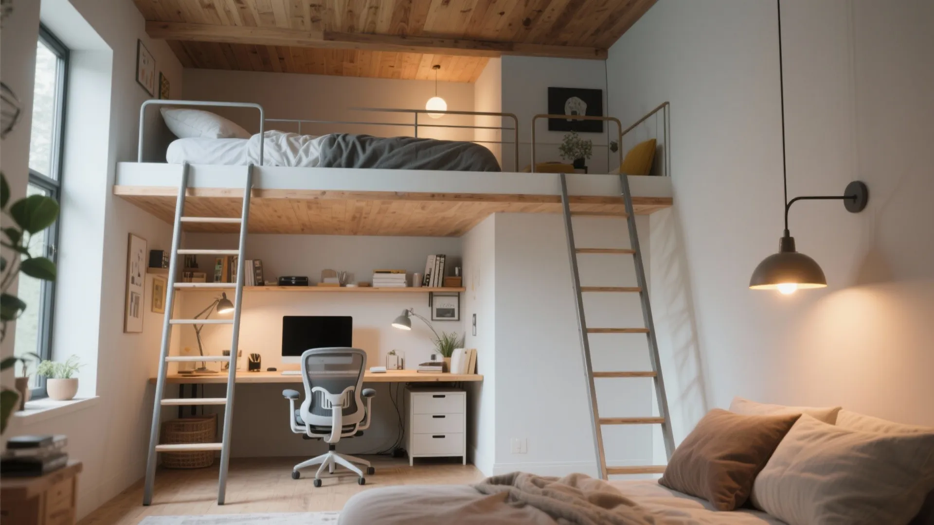 4. Lofted guest bed over a focused workstation