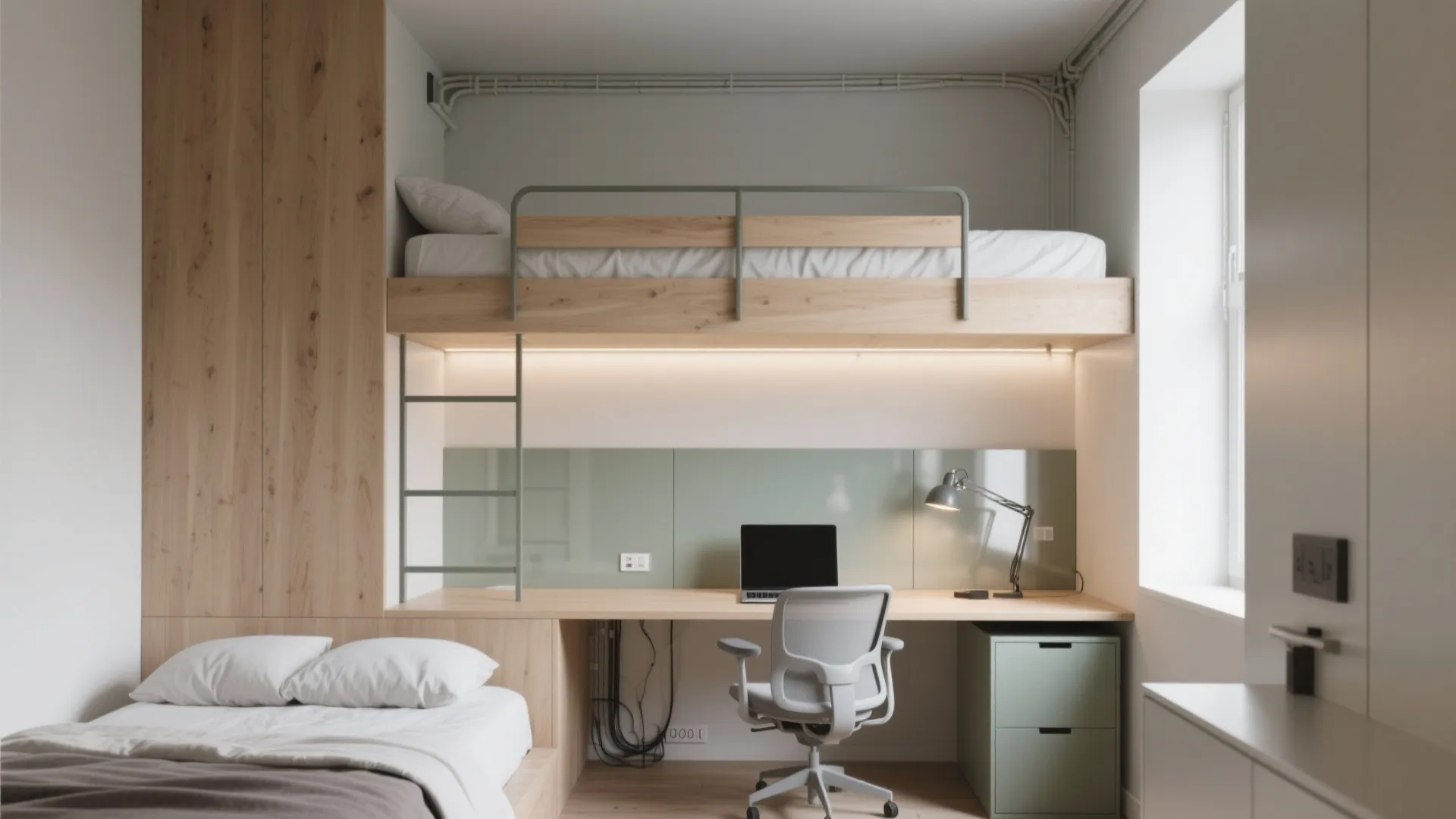 Small studio loft bed with workstation beneath and 60 cm circulation path.