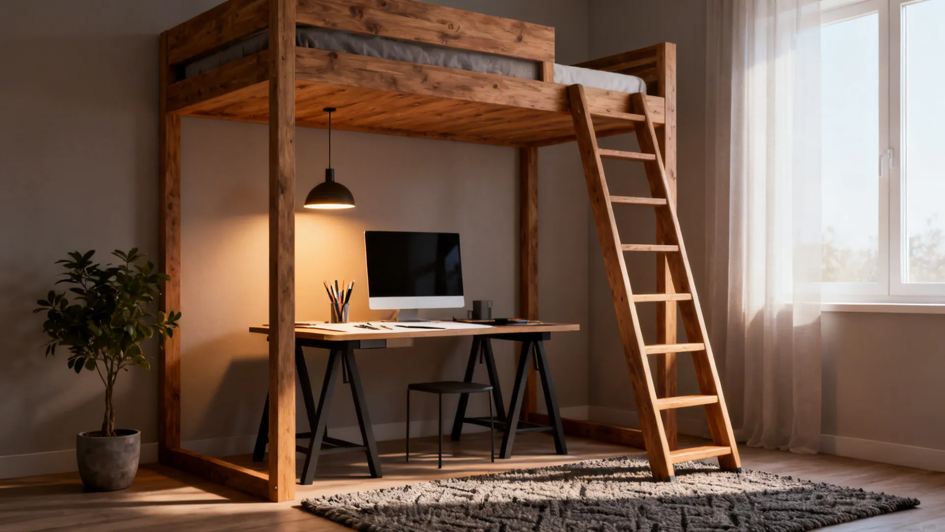 Loft bed with a workspace underneath, desk, ladder and warm lighting in a small studio