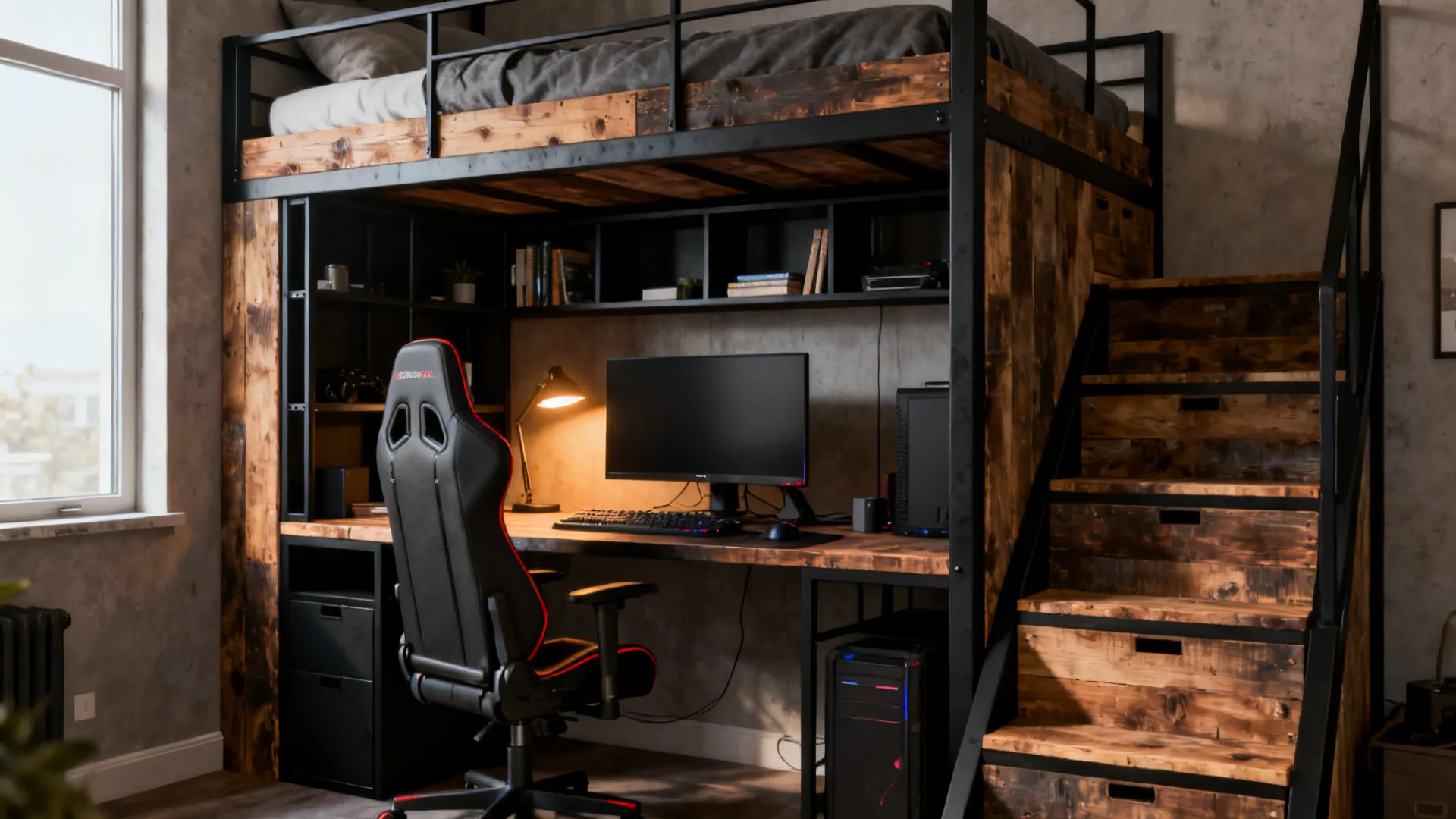Loft bed with storage stairs and a workstation underneath in a compact room