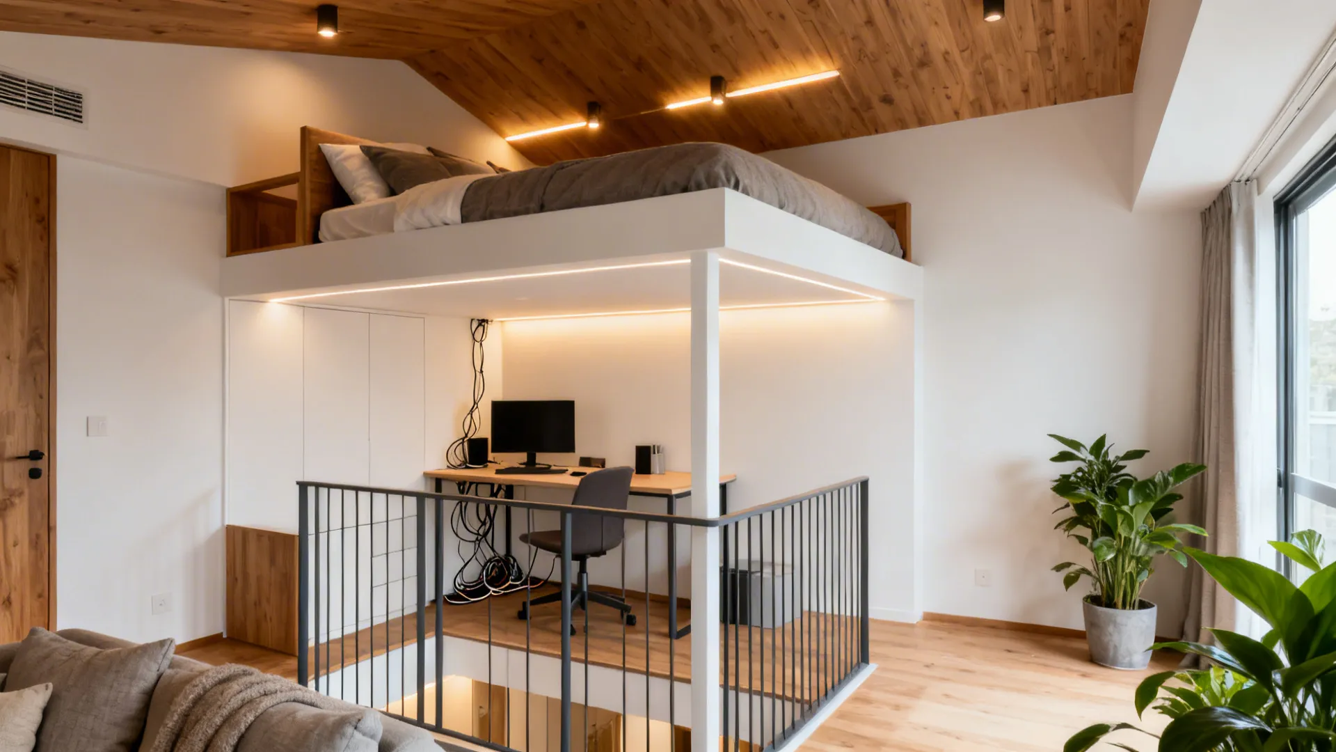 Lofted bed in a tall-ceiling studio with a well-lit workspace underneath and open railings.