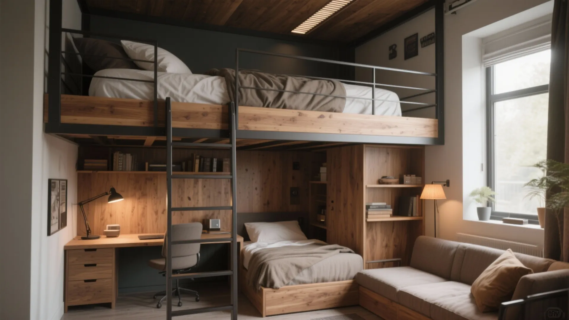 1. Loft or elevated bed zone to free up floor space