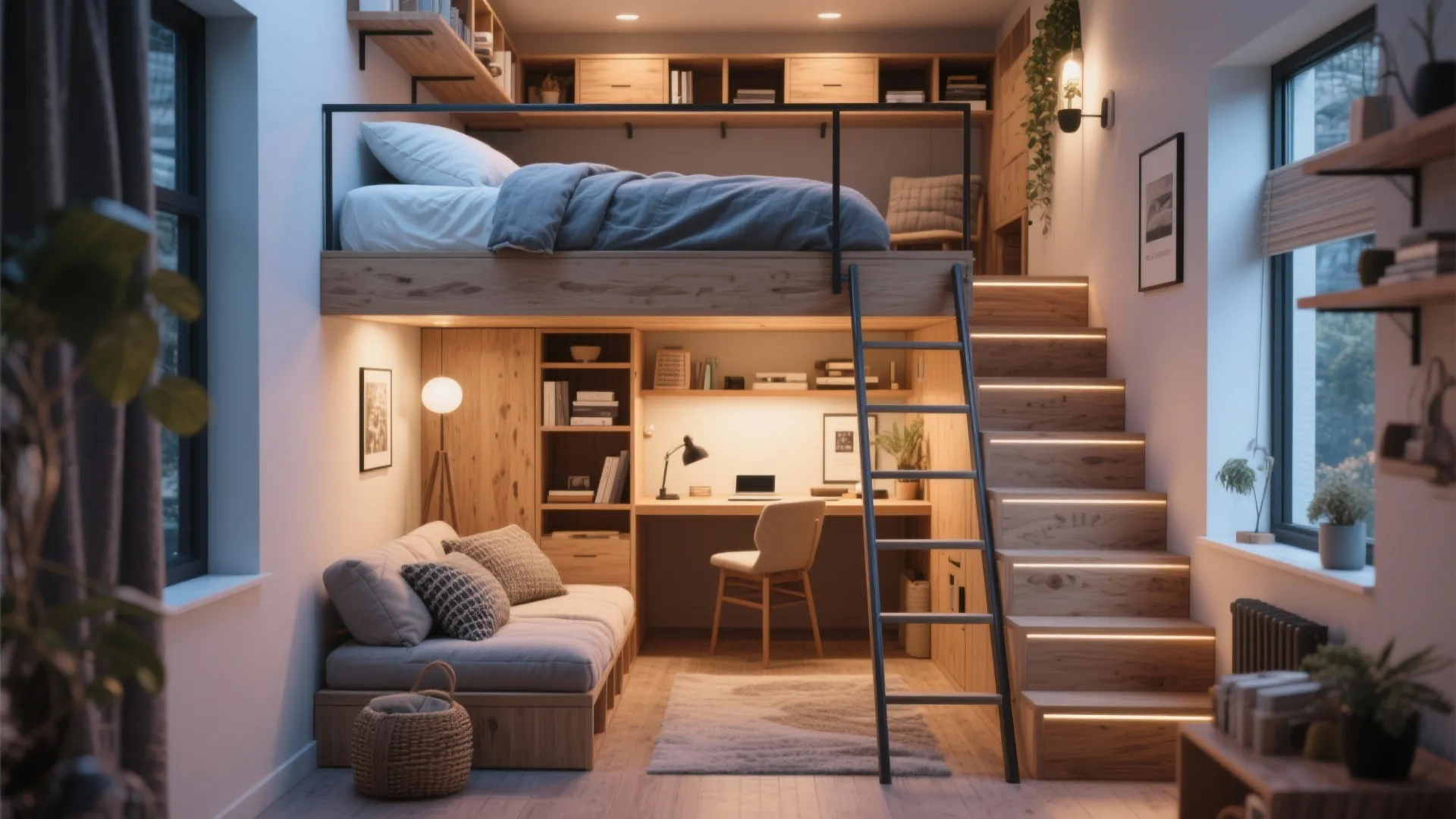 Lofted bedroom with integrated storage stairs and a compact workspace below in a tiny house.