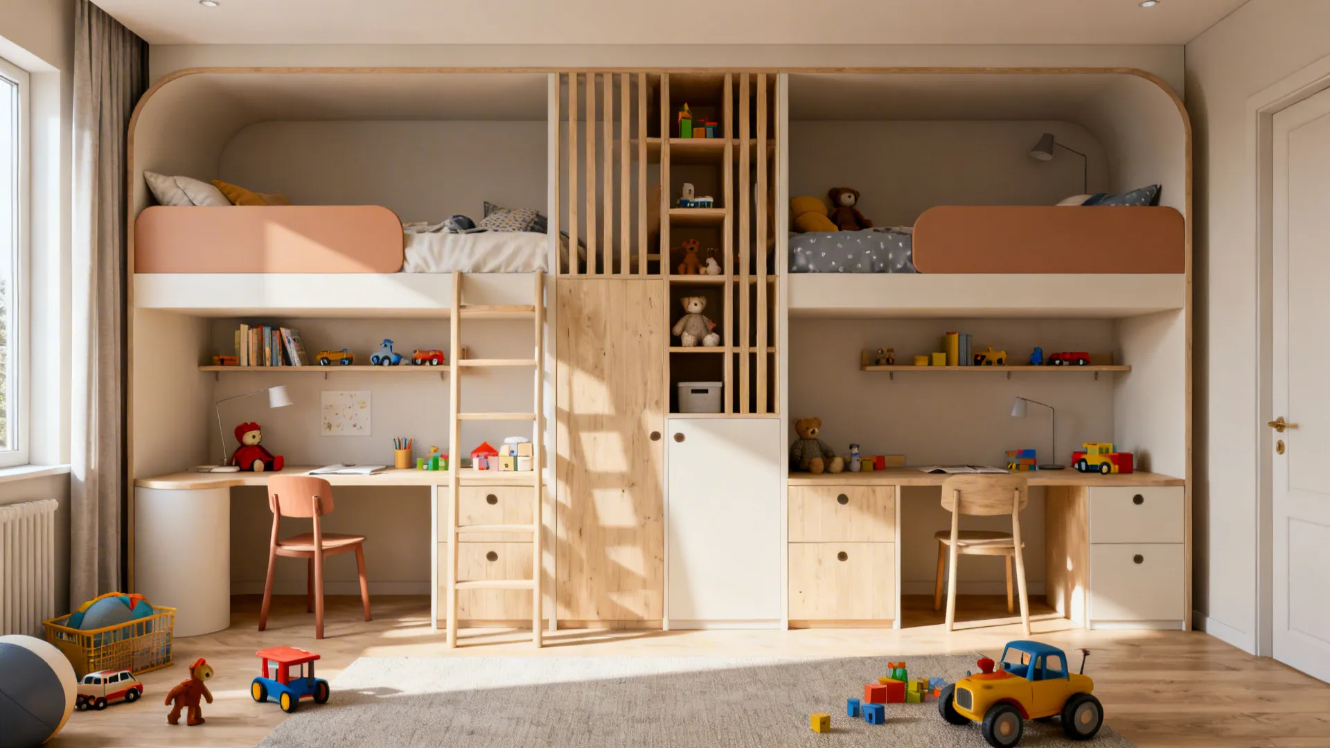 Shared kids bedroom featuring high beds with desks below wooden ladder storage cabinet and toys