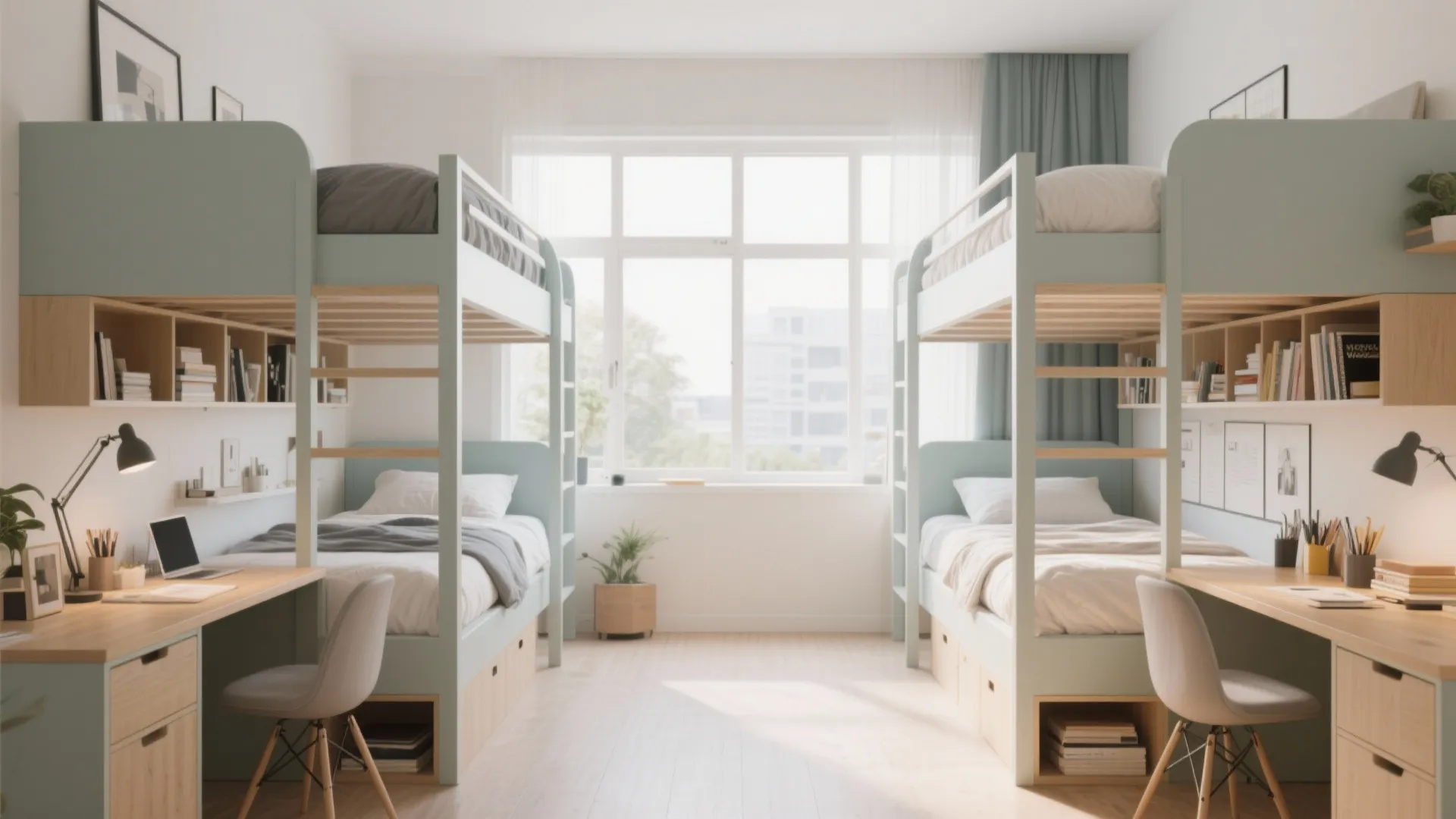 Symmetrical shared bedroom with two green bunk beds facing each other and integrated study desks