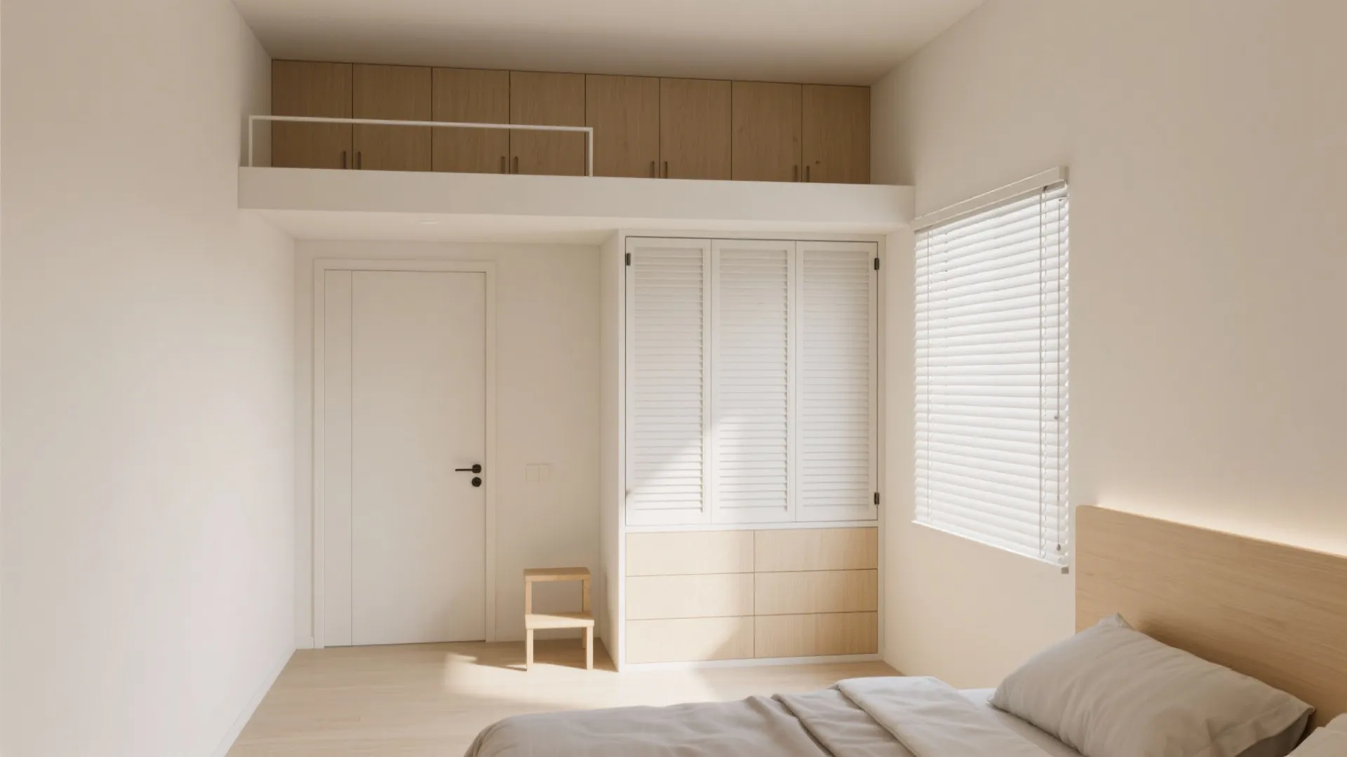 Minimalist white bedroom featuring loft storage area above door with white wardrobe and window blinds