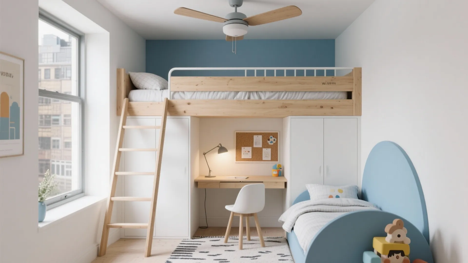 Lofted bunks with a study nook underneath