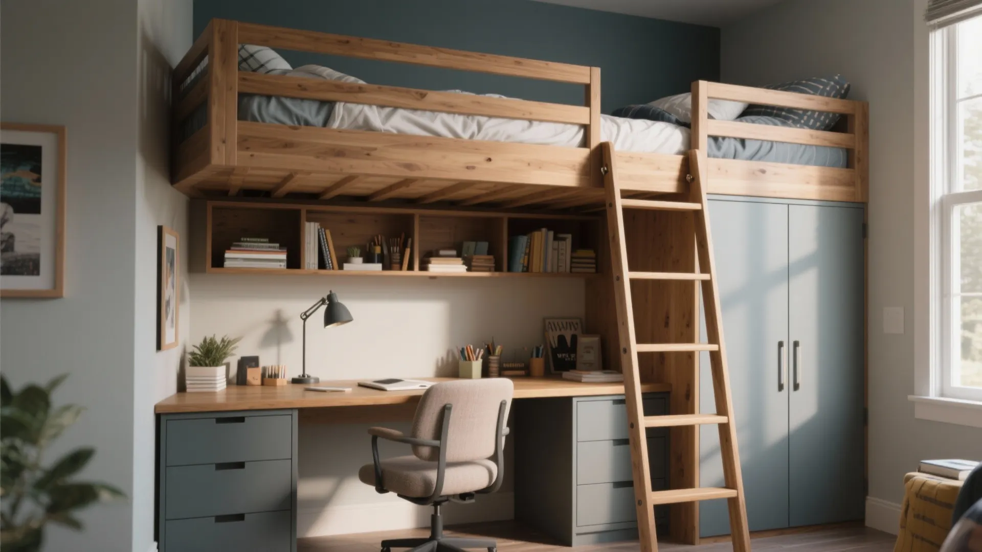 Modern wooden loft bed with desk chair ladder blue cabinet bookshelves and bright natural light