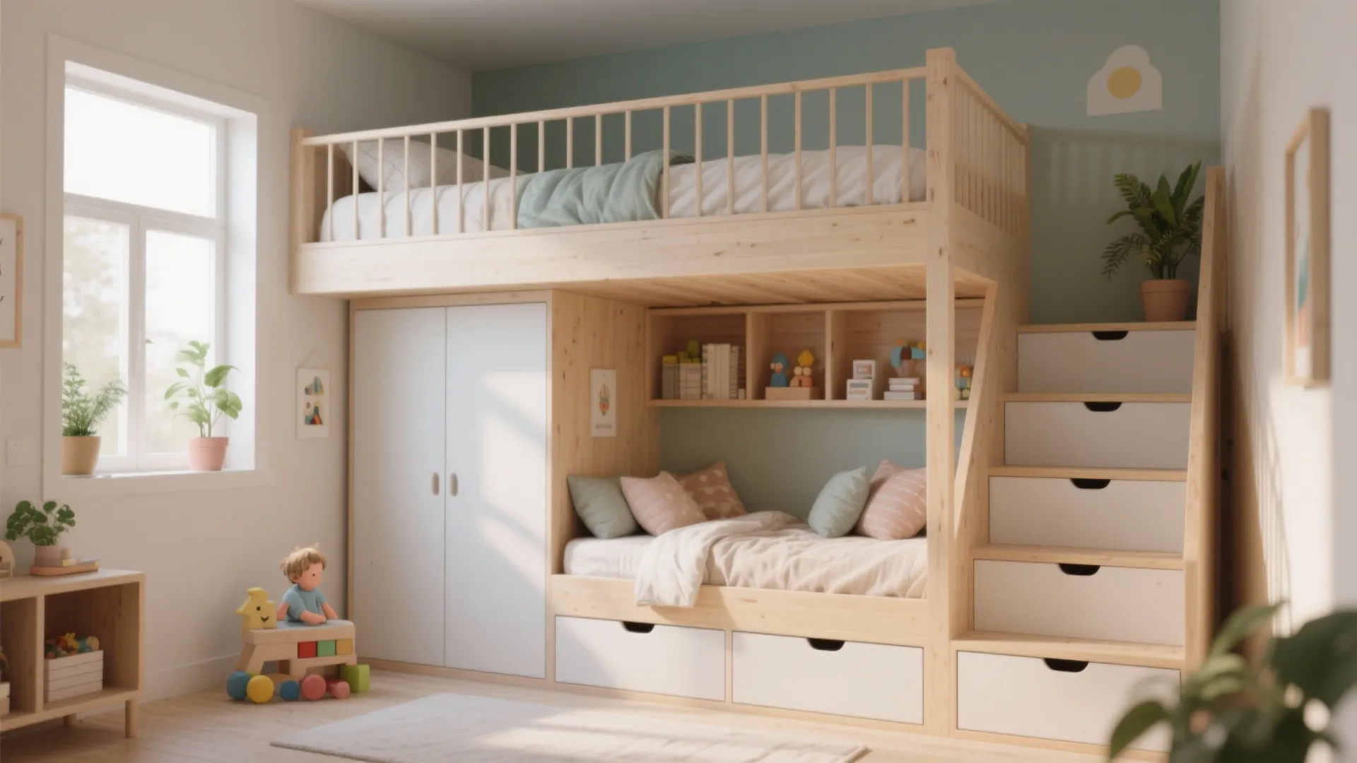 1. Loft-style bunks with integrated storage