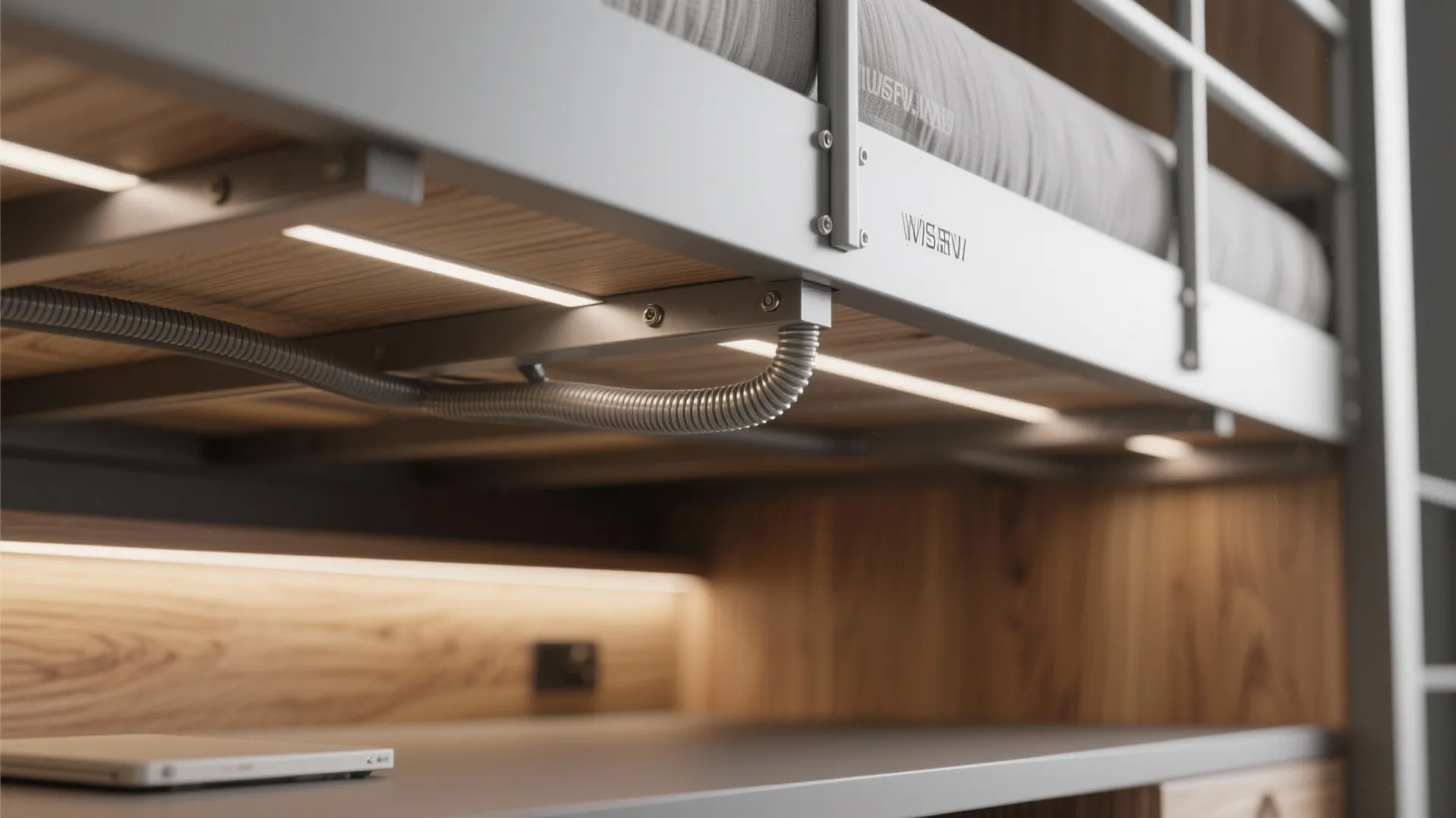 Macro of loft bed cable channels and LED strip with oak veneer textures.