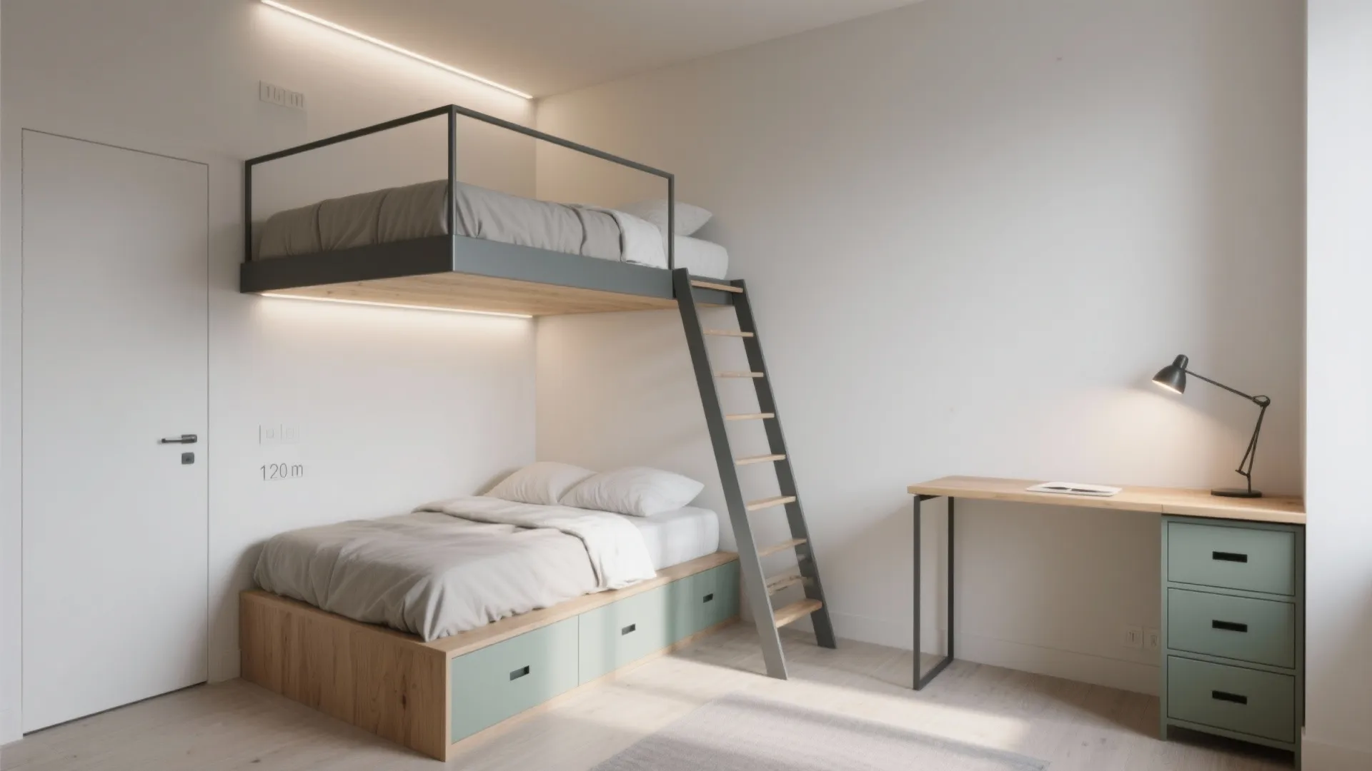 Lofted corner bed with guard rails over a compact desk and low dresser.