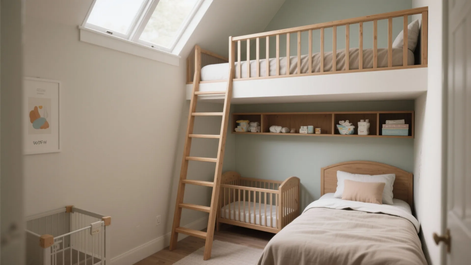Modern nursery with a wooden bunk bed and ladder over a baby crib and bed