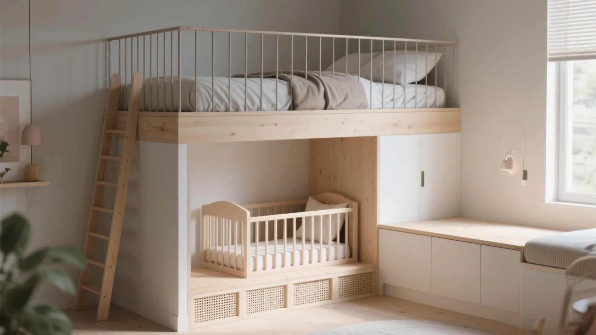 Wooden bunk bed with a ladder and a small baby bed in the bottom nook