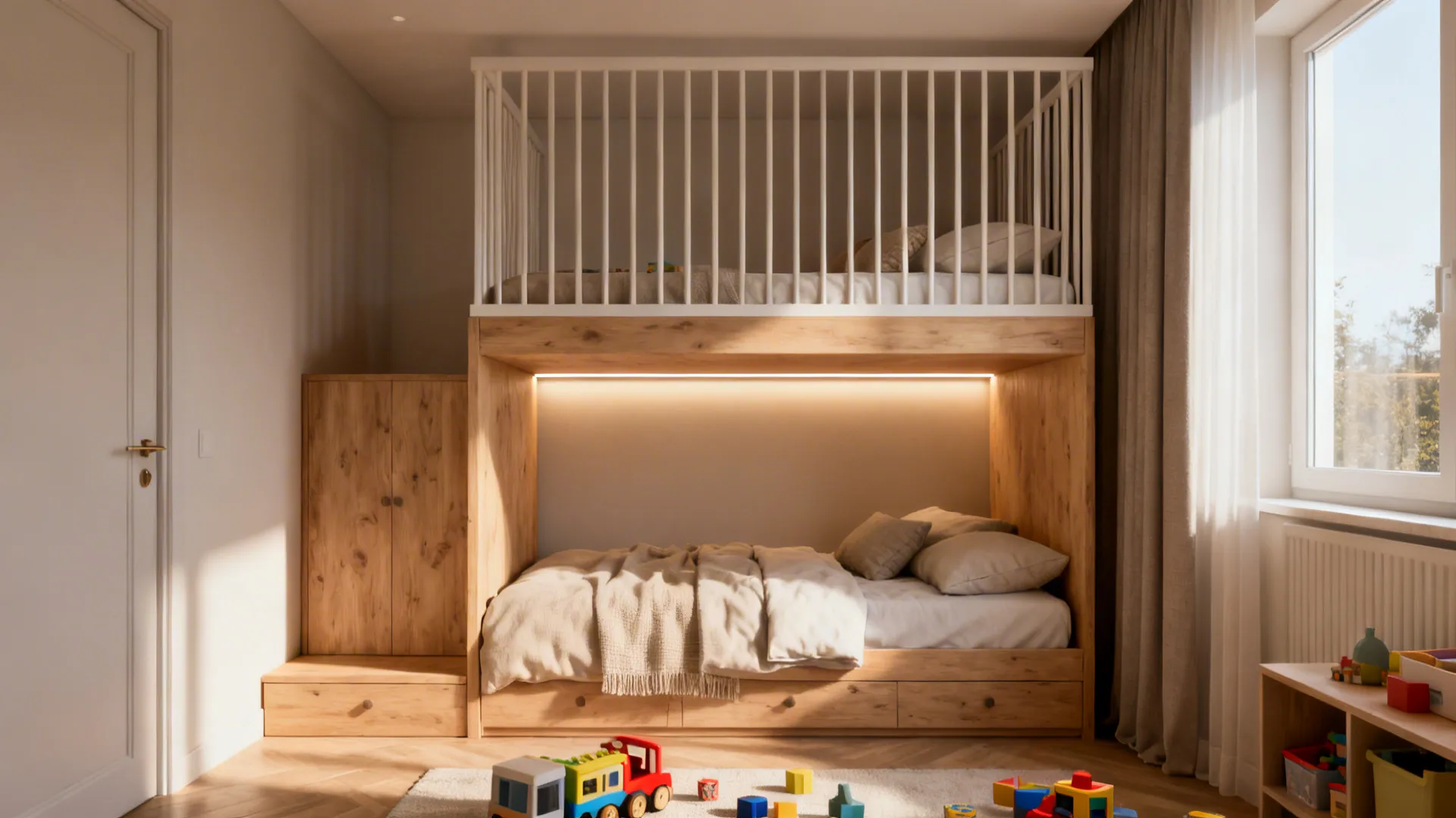 1. Bunk-style crib above twin bed