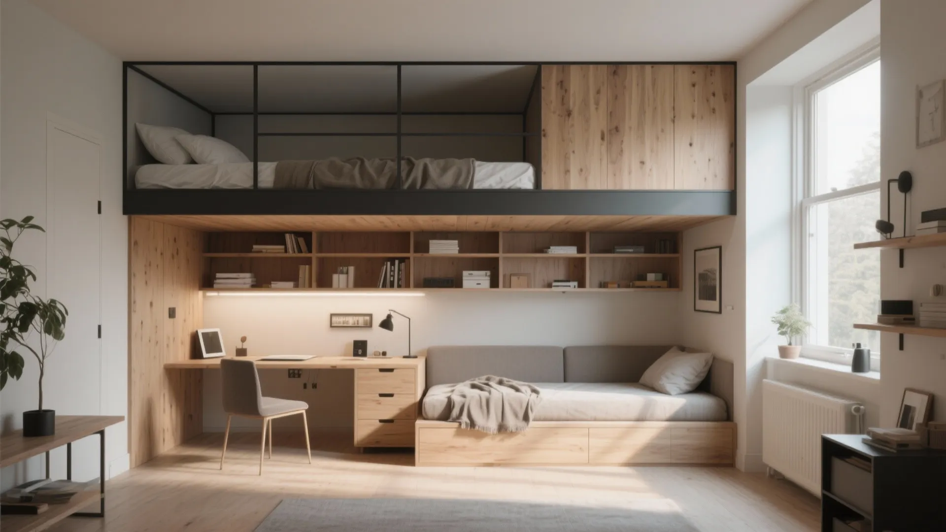 Modern studio apartment with wooden loft bed above a functional desk and grey comfortable sofa