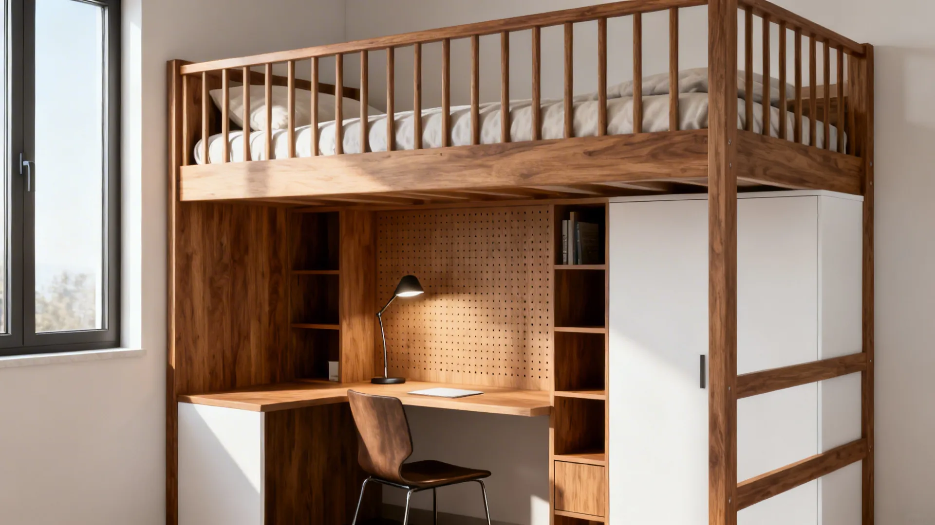 Wooden loft bed over a built-in desk with a chair lamp and white storage cabinet