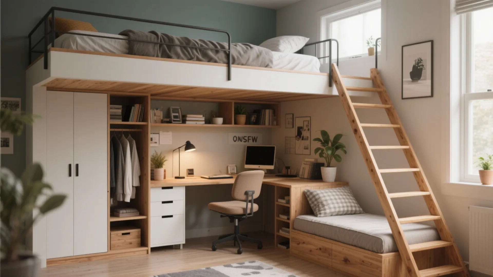 2. Lofted bed over a desk or wardrobe