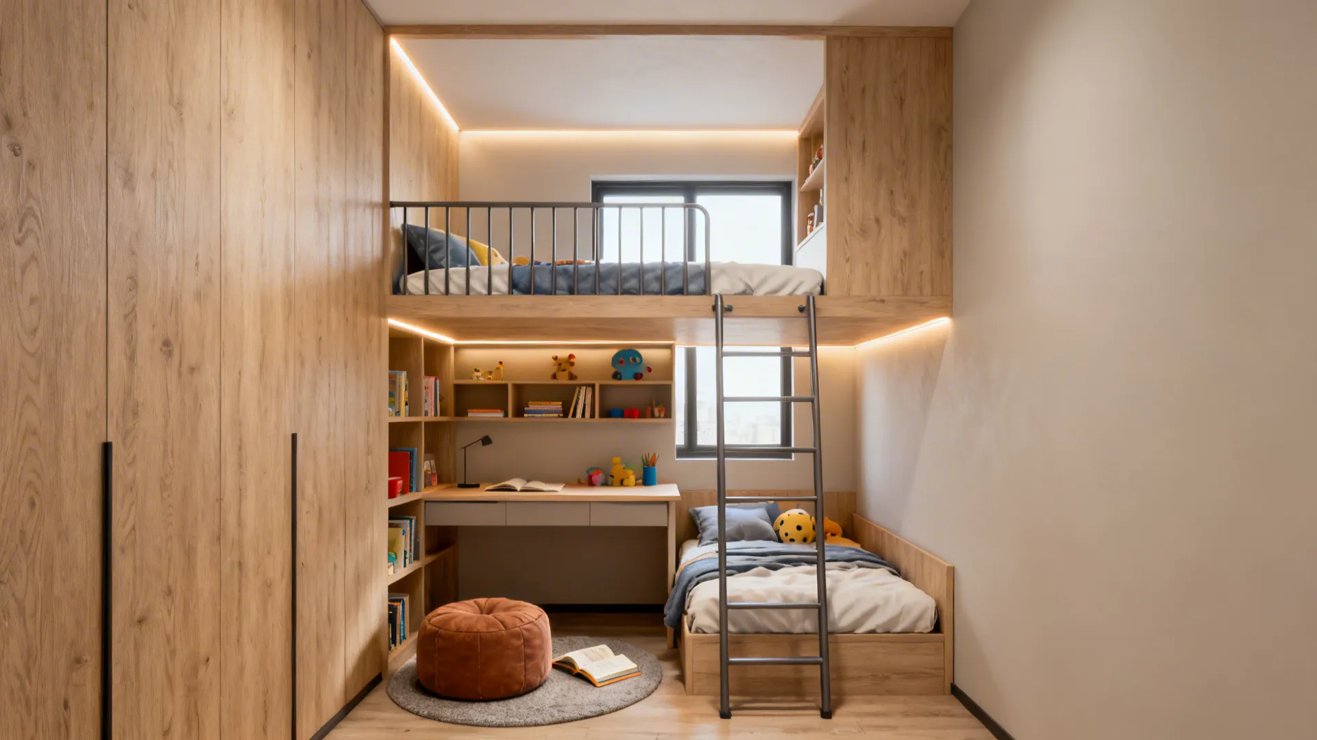 Lofted bed over desk with lower bunk maximizing vertical space in a small sibling room.